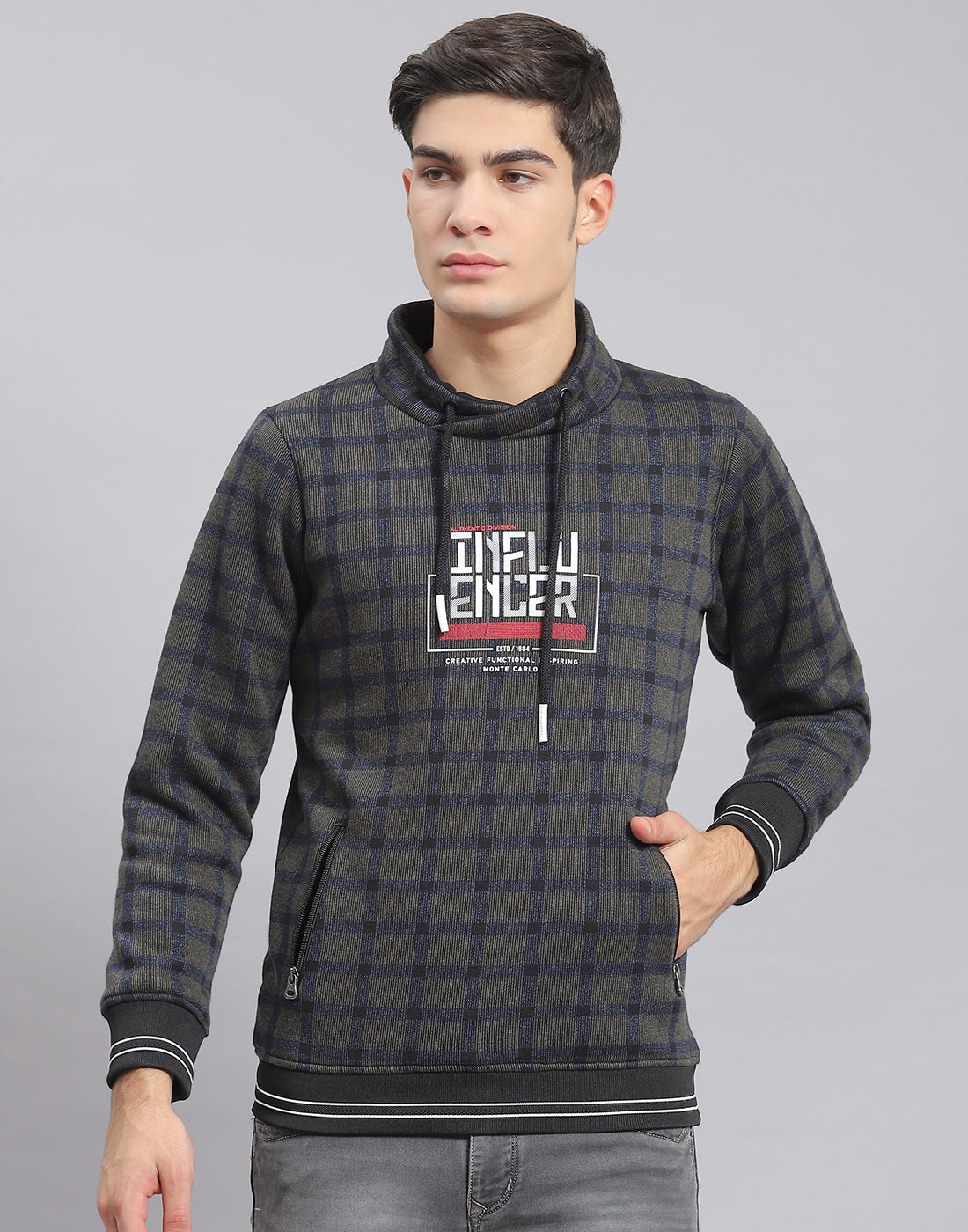 Men Navy Blue Check F Neck Full Sleeve Sweatshirt