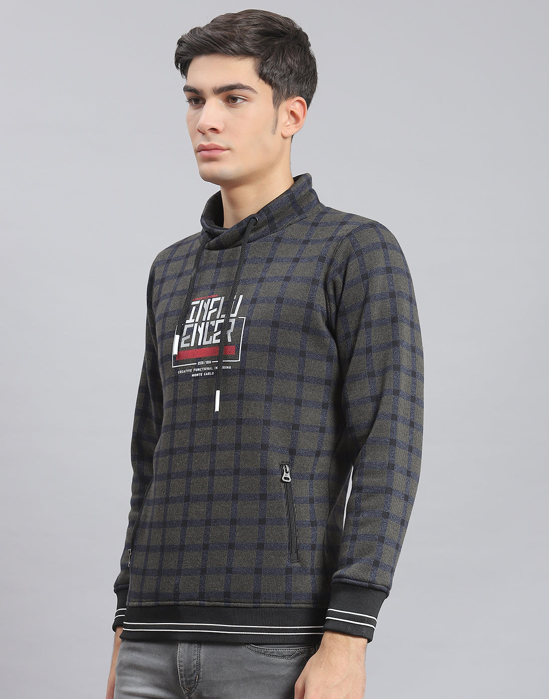 Men Navy Blue Check F Neck Full Sleeve Sweatshirt