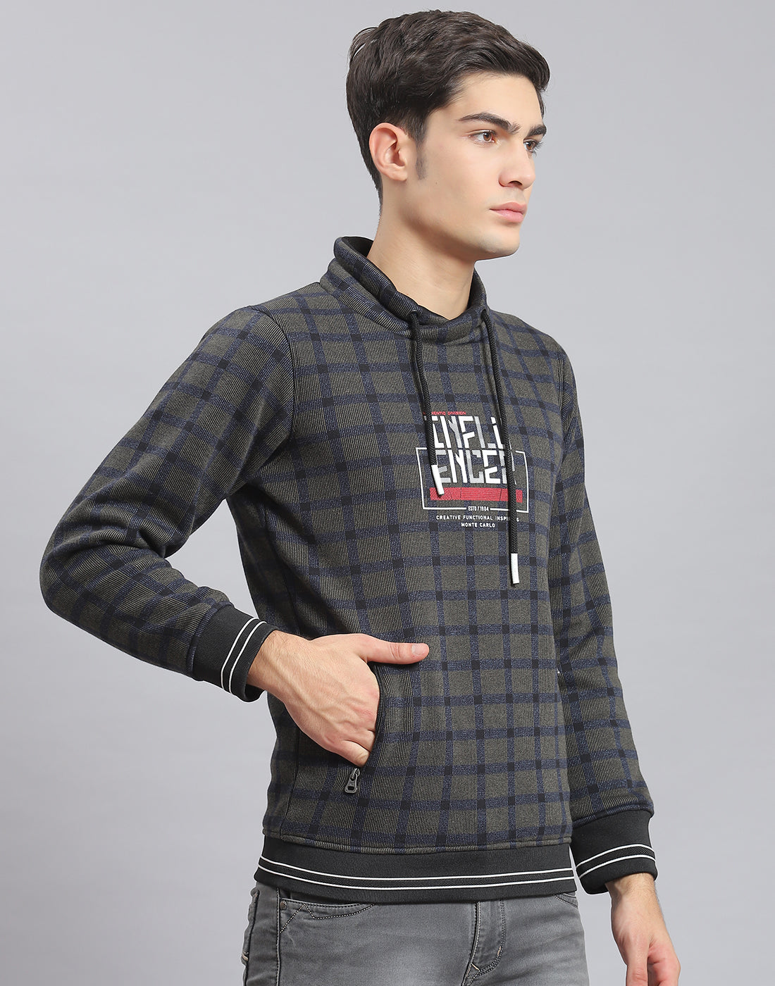 Men Navy Blue Check F Neck Full Sleeve Sweatshirt