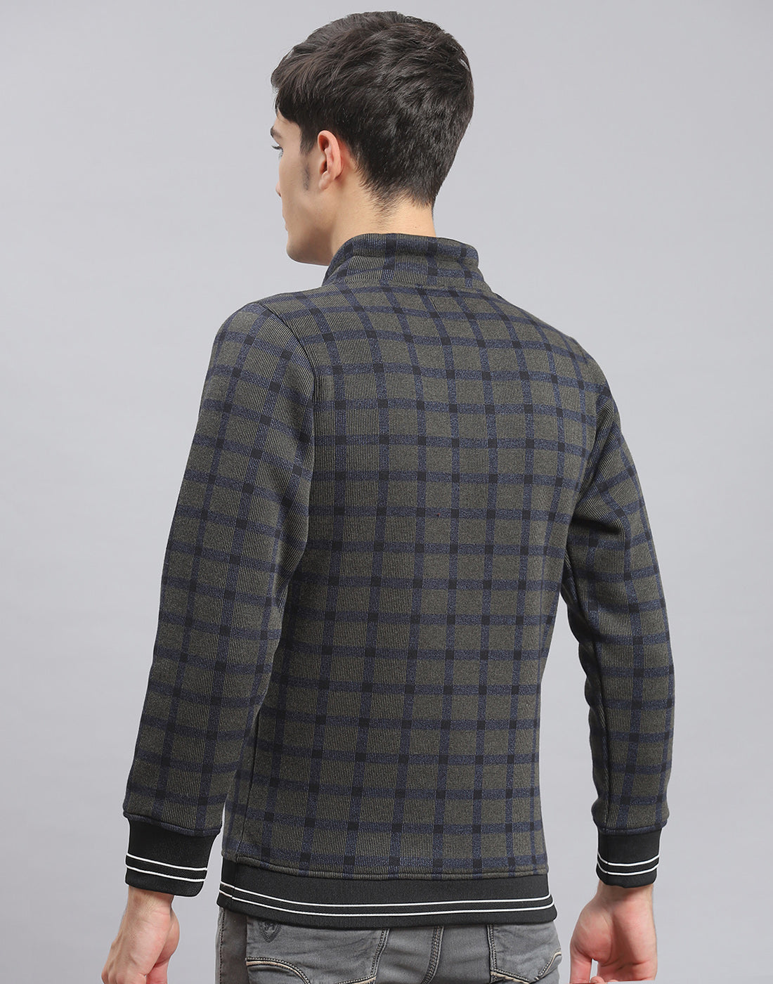 Men Navy Blue Check F Neck Full Sleeve Sweatshirt