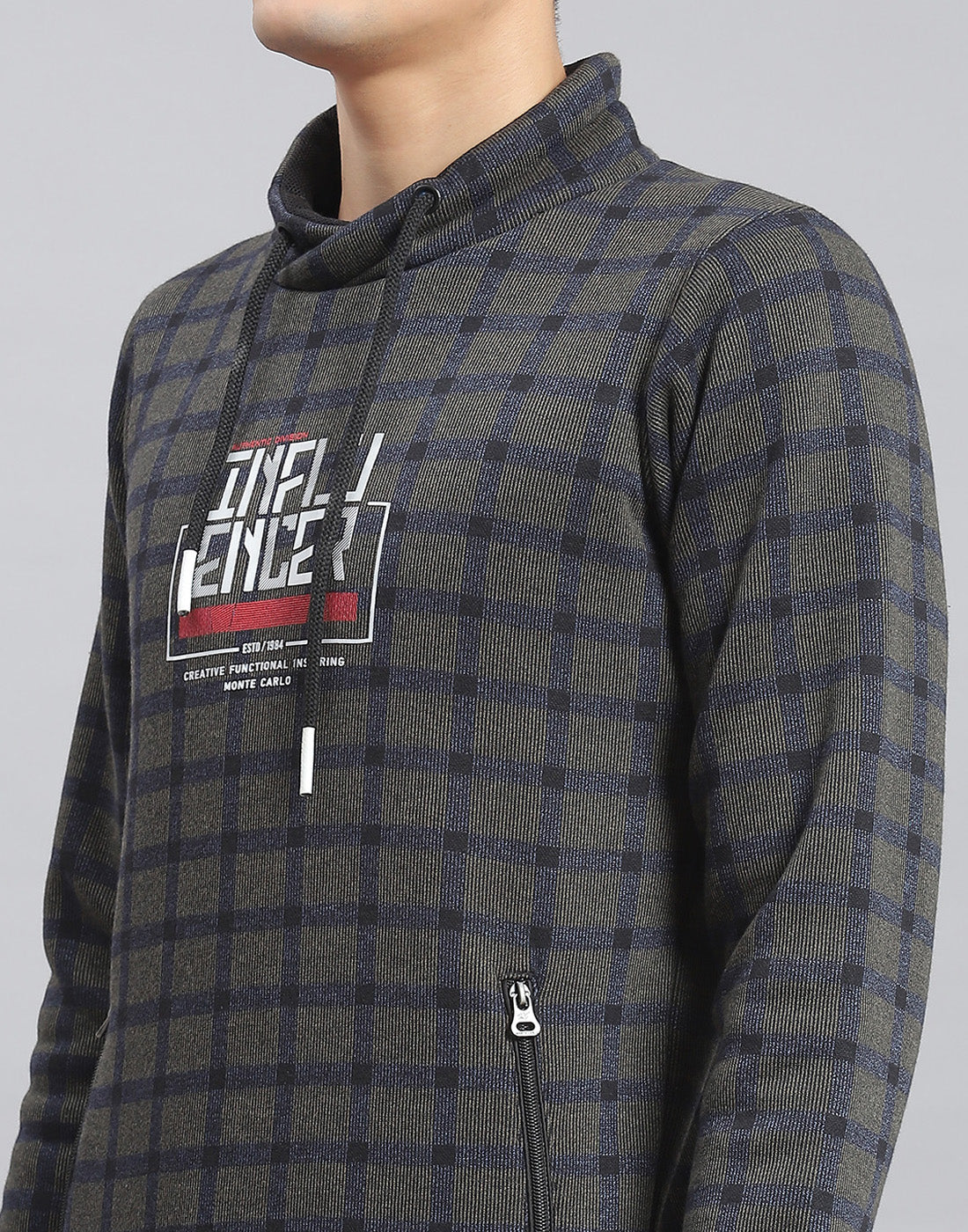 Men Navy Blue Check F Neck Full Sleeve Sweatshirt