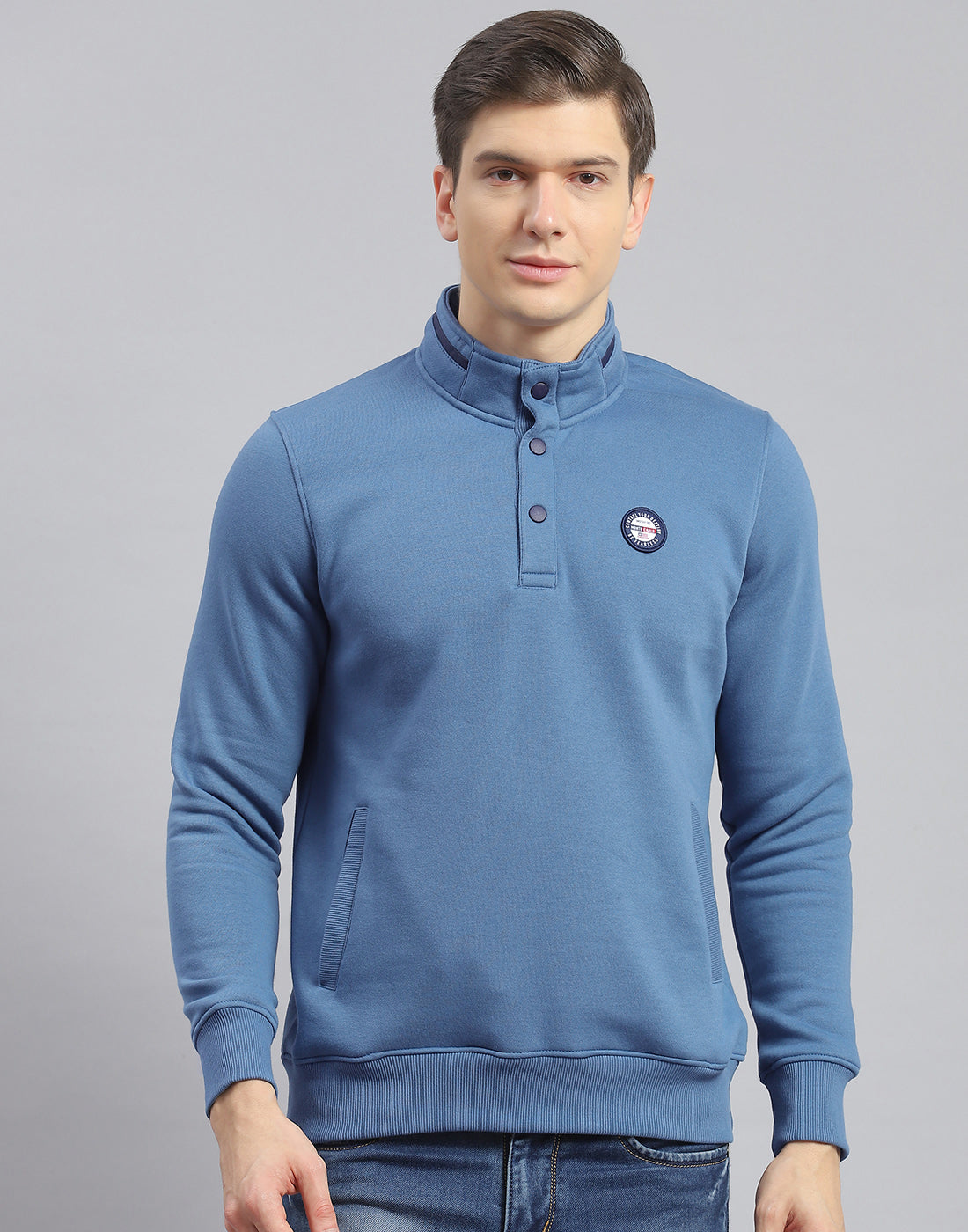 Men Blue Printed Stand Collar Full Sleeve Sweatshirt