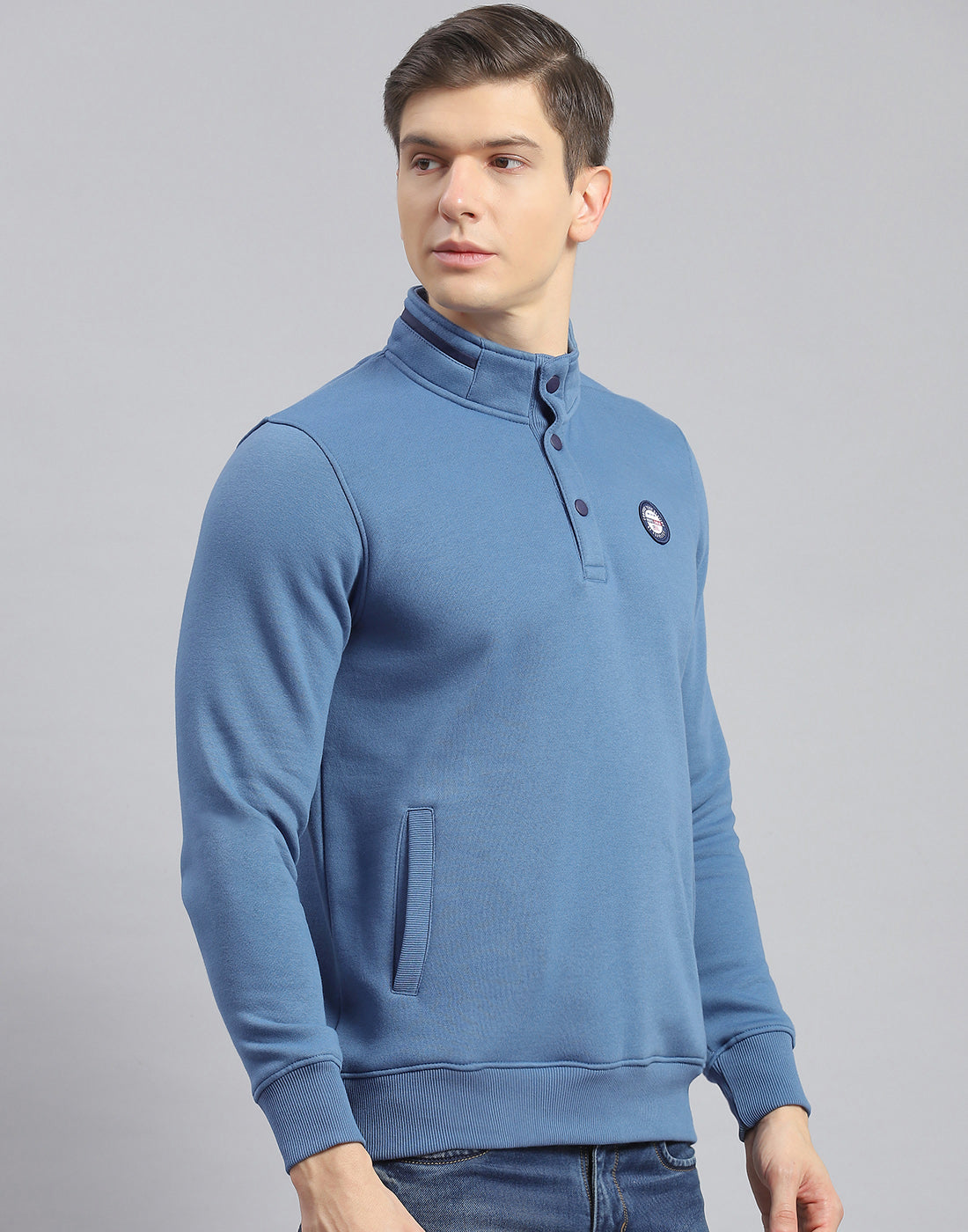 Men Blue Printed Stand Collar Full Sleeve Sweatshirt