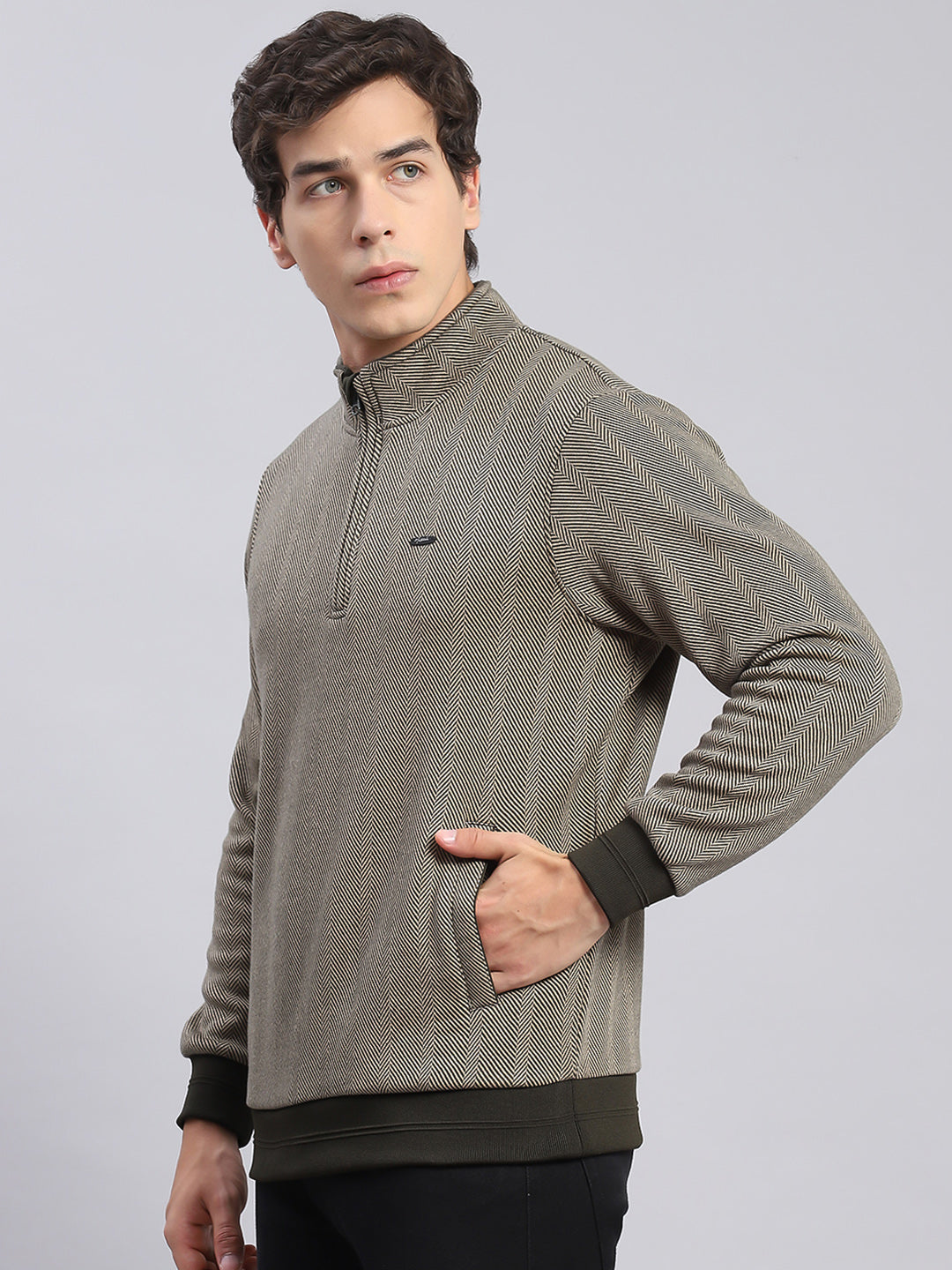 Men Olive Self Design T Neck Full Sleeve Sweatshirts