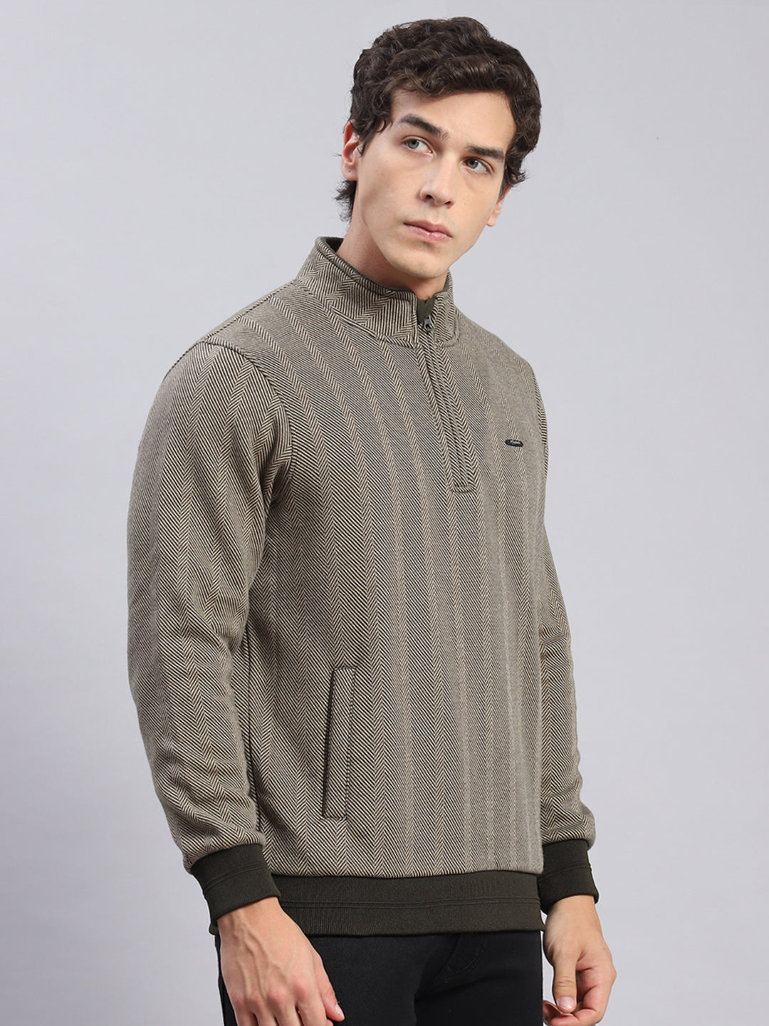 Men Olive Self Design T Neck Full Sleeve Sweatshirts