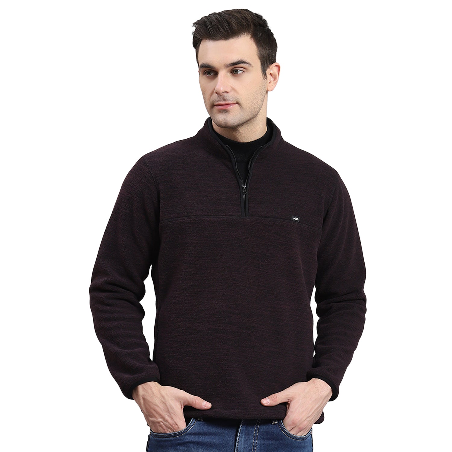 Men Maroon Self Design T Neck Full Sleeve Sweatshirt