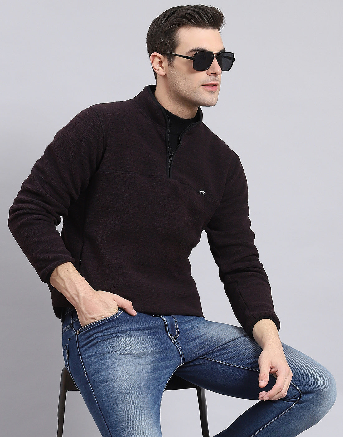 Men Maroon Self Design T Neck Full Sleeve Sweatshirt