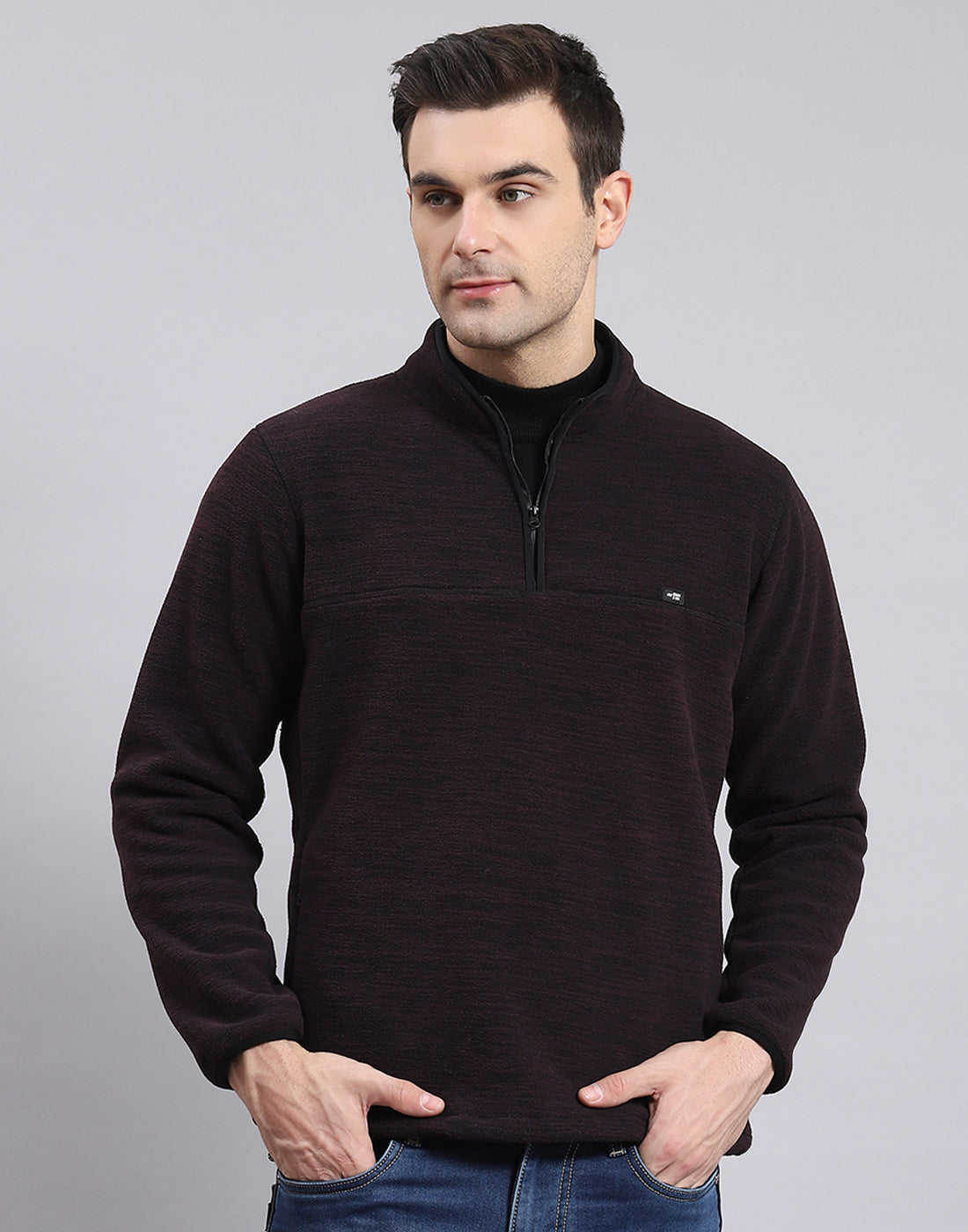 Men Maroon Self Design T Neck Full Sleeve Sweatshirt