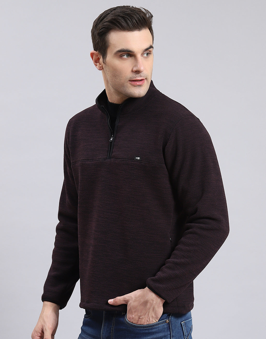 Men Maroon Self Design T Neck Full Sleeve Sweatshirt