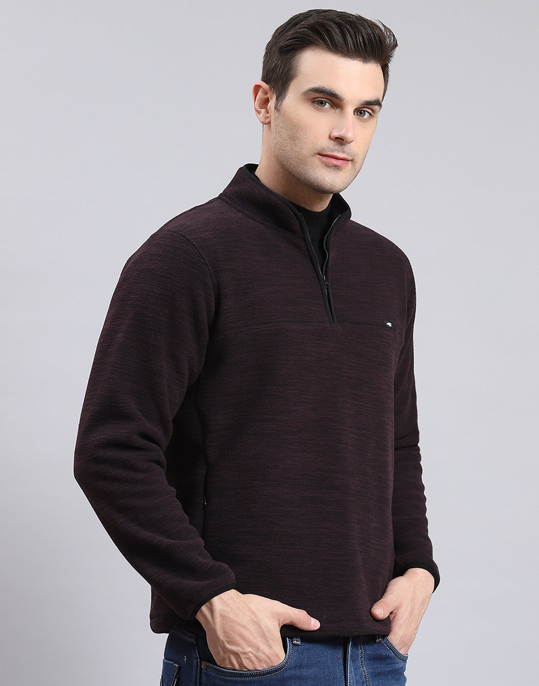 Men Maroon Self Design T Neck Full Sleeve Sweatshirt