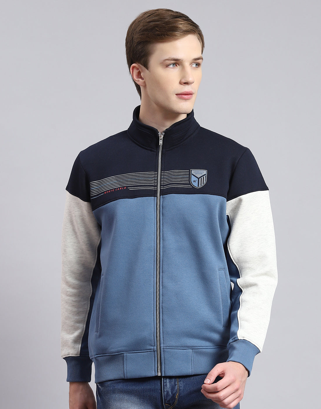 Men Blue Solid Stand Collar Full Sleeve Sweatshirt