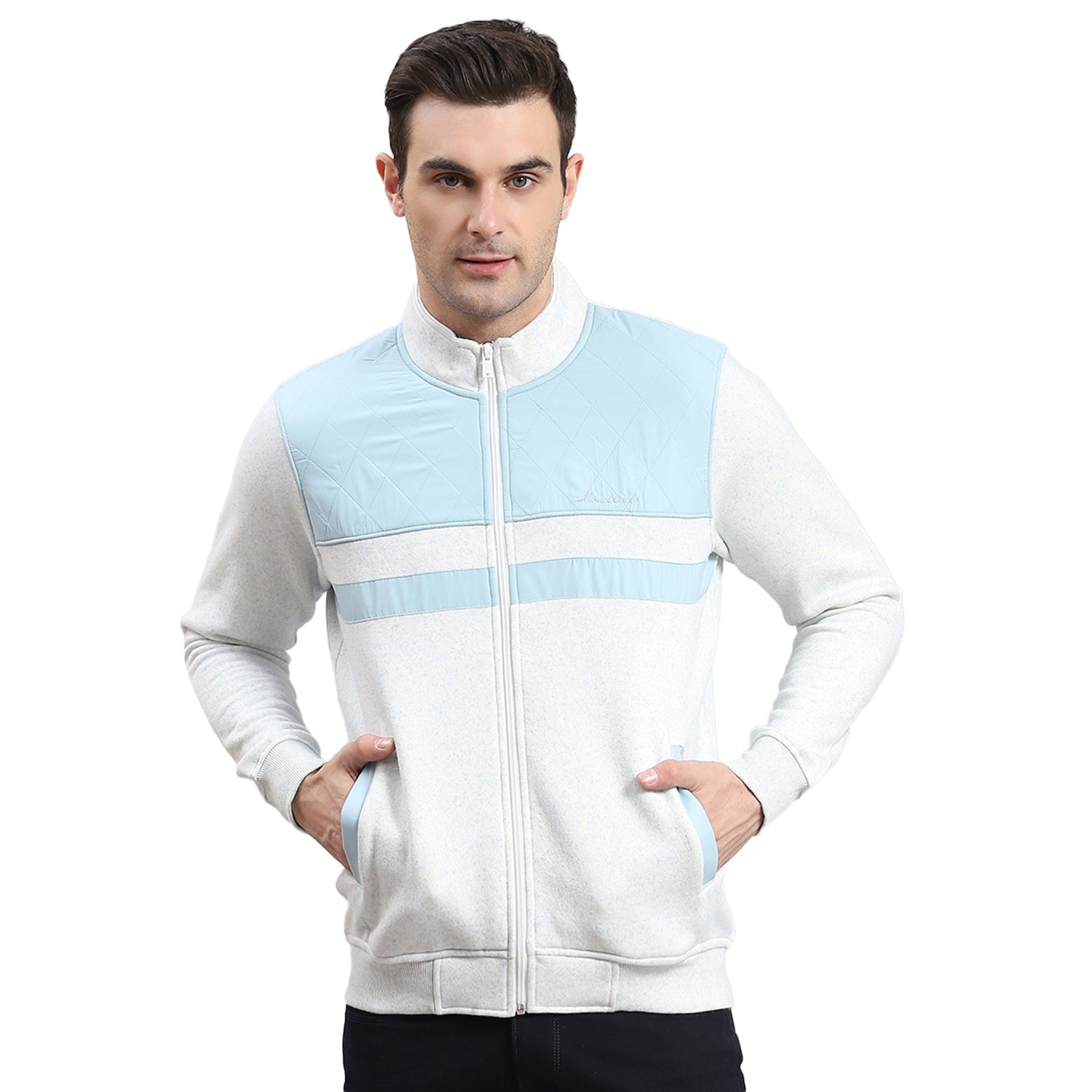 Men White Solid Stand Collar Full Sleeve Sweatshirt