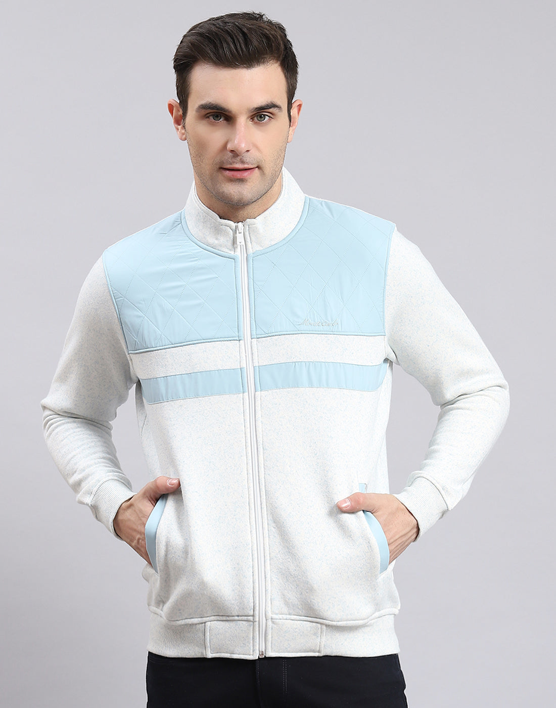 Men White Solid Stand Collar Full Sleeve Sweatshirt