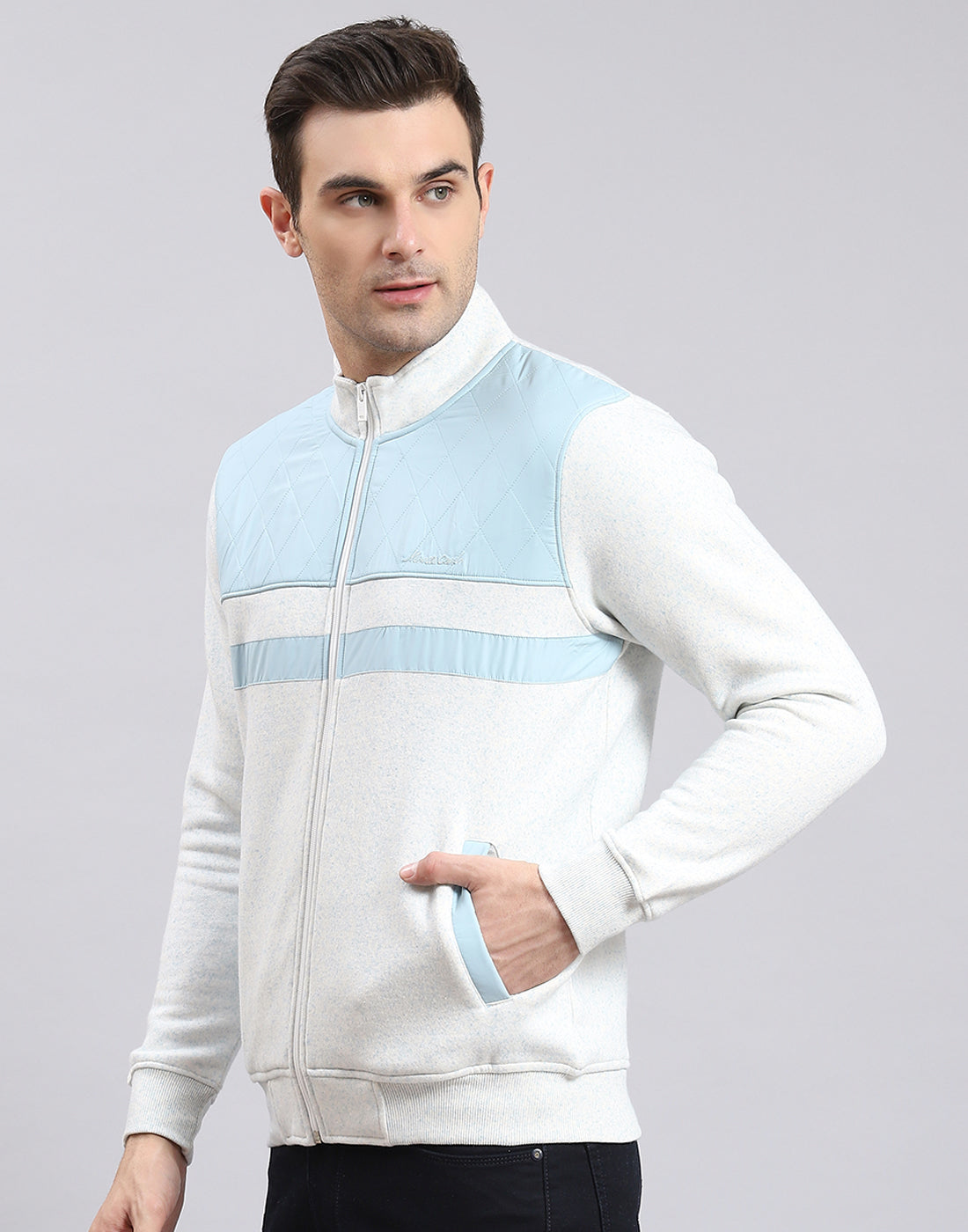 Men White Solid Stand Collar Full Sleeve Sweatshirt