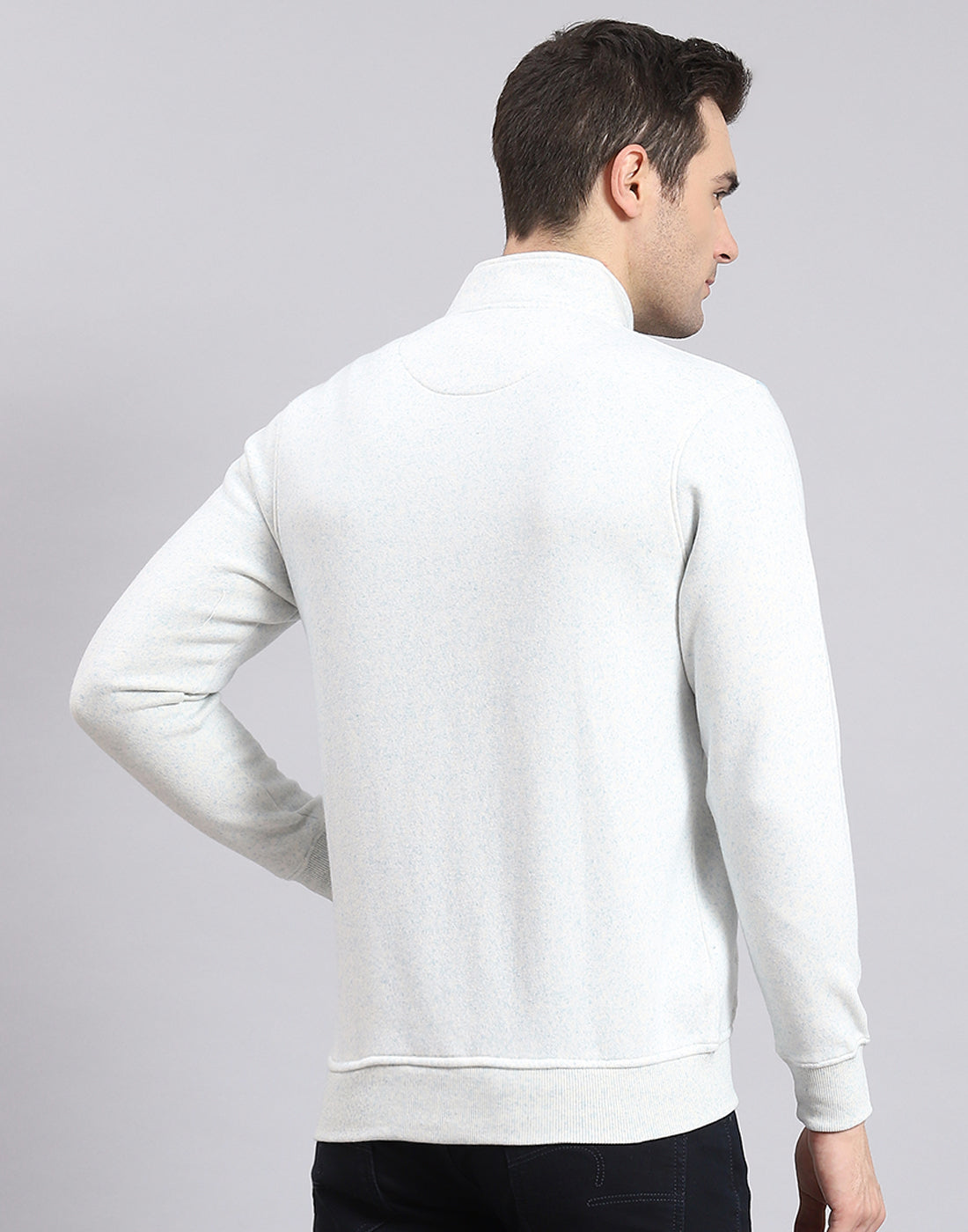 Men White Solid Stand Collar Full Sleeve Sweatshirt