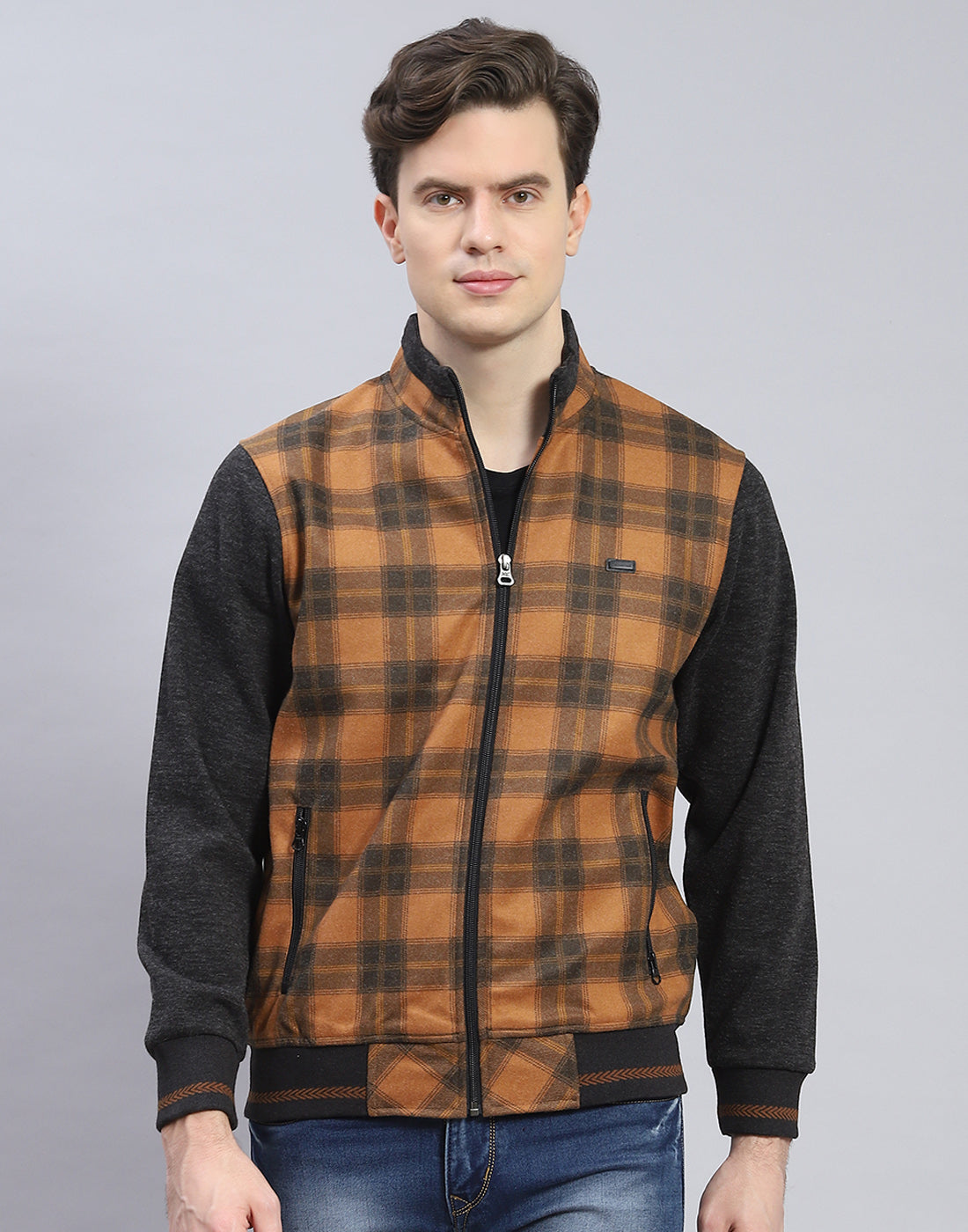 Men Mustard Check Stand Collar Full Sleeve Sweatshirt