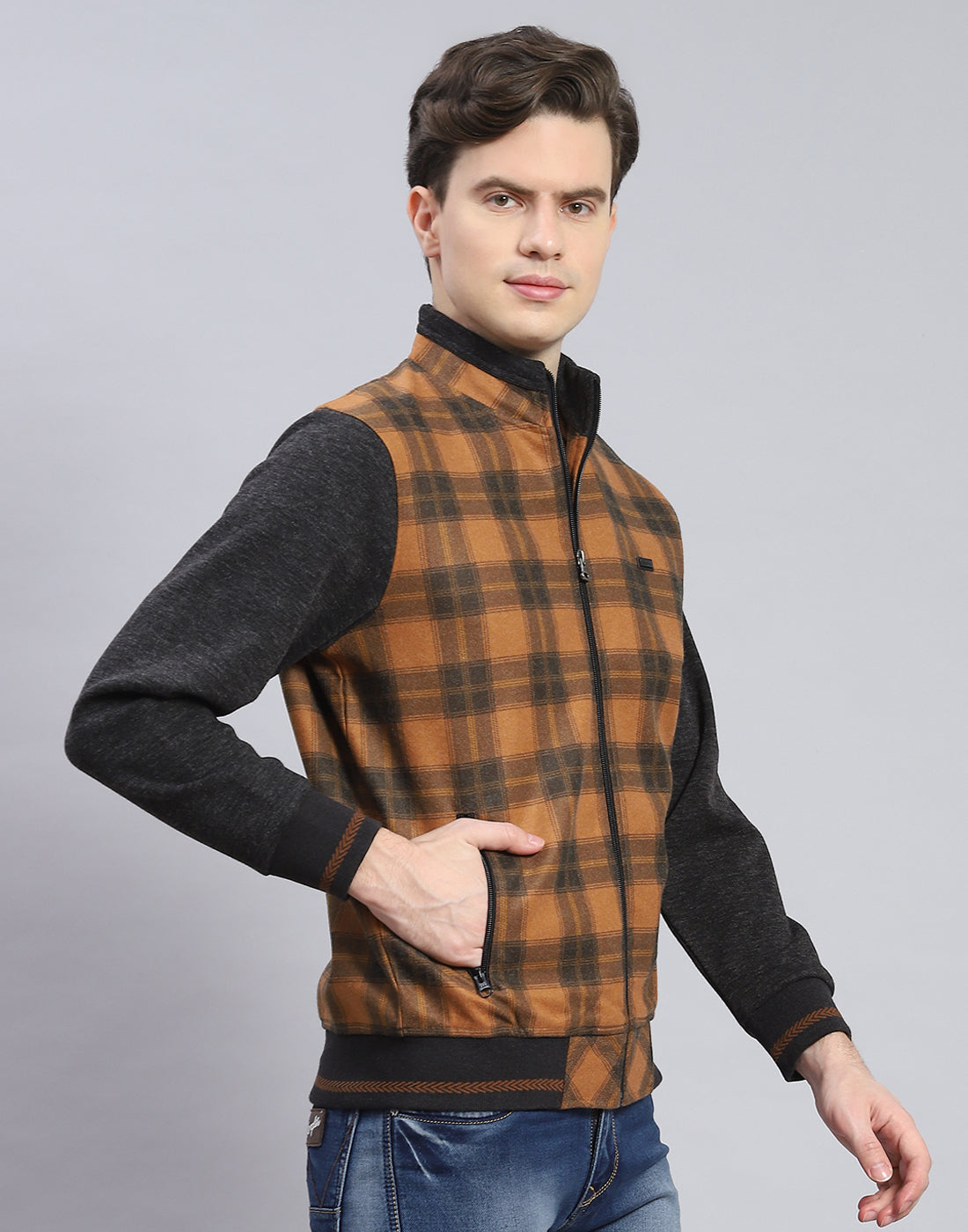 Men Mustard Check Stand Collar Full Sleeve Sweatshirt