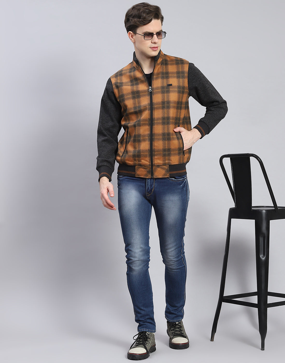 Men Mustard Check Stand Collar Full Sleeve Sweatshirt