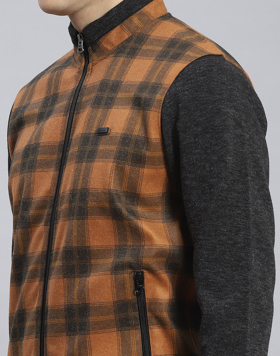 Men Mustard Check Stand Collar Full Sleeve Sweatshirt