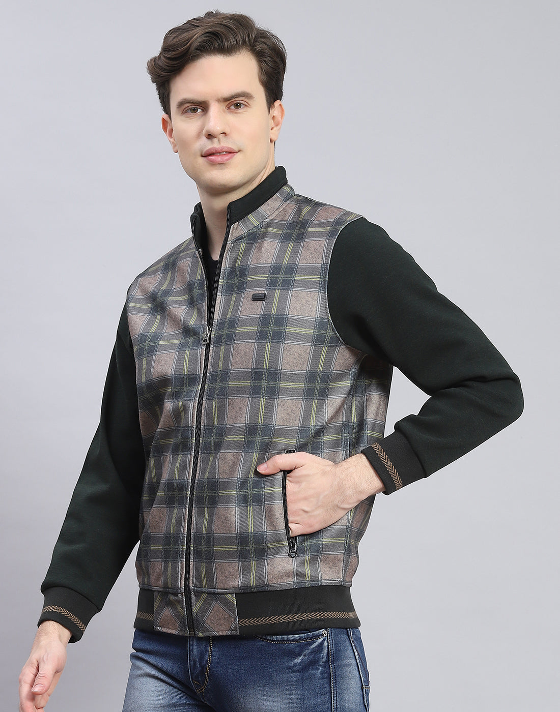 Men Olive Check Stand Collar Full Sleeve Sweatshirt