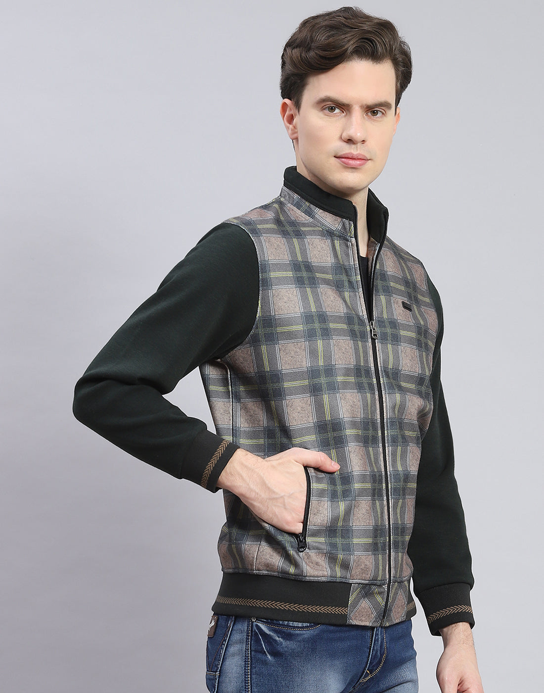 Men Olive Check Stand Collar Full Sleeve Sweatshirt