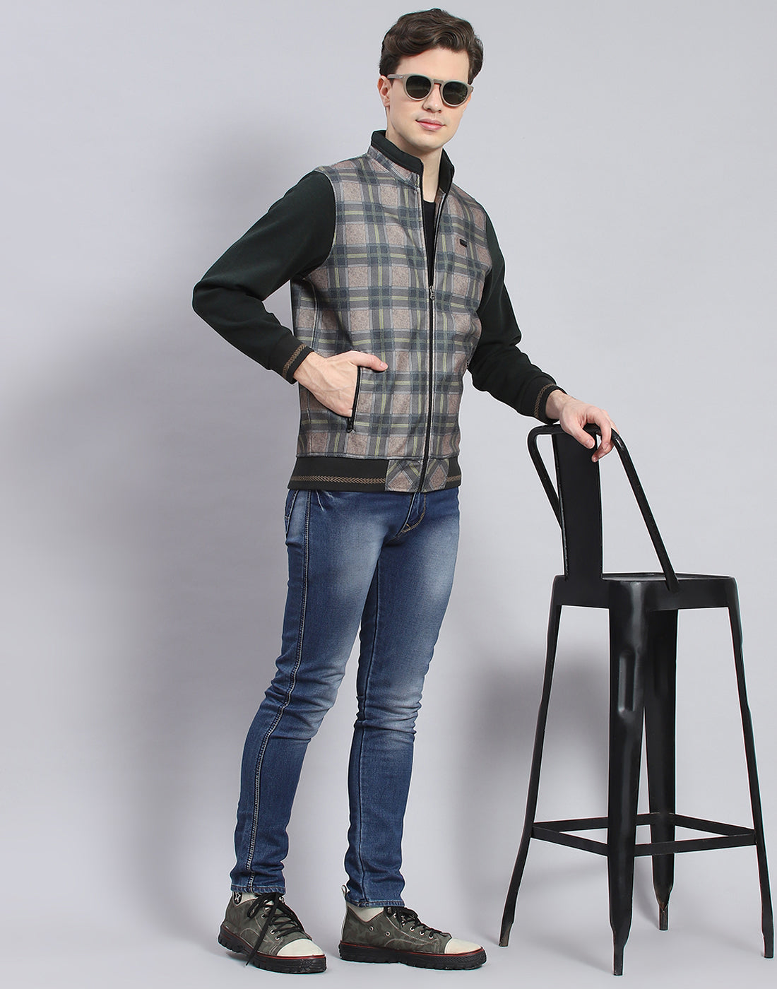 Men Olive Check Stand Collar Full Sleeve Sweatshirt