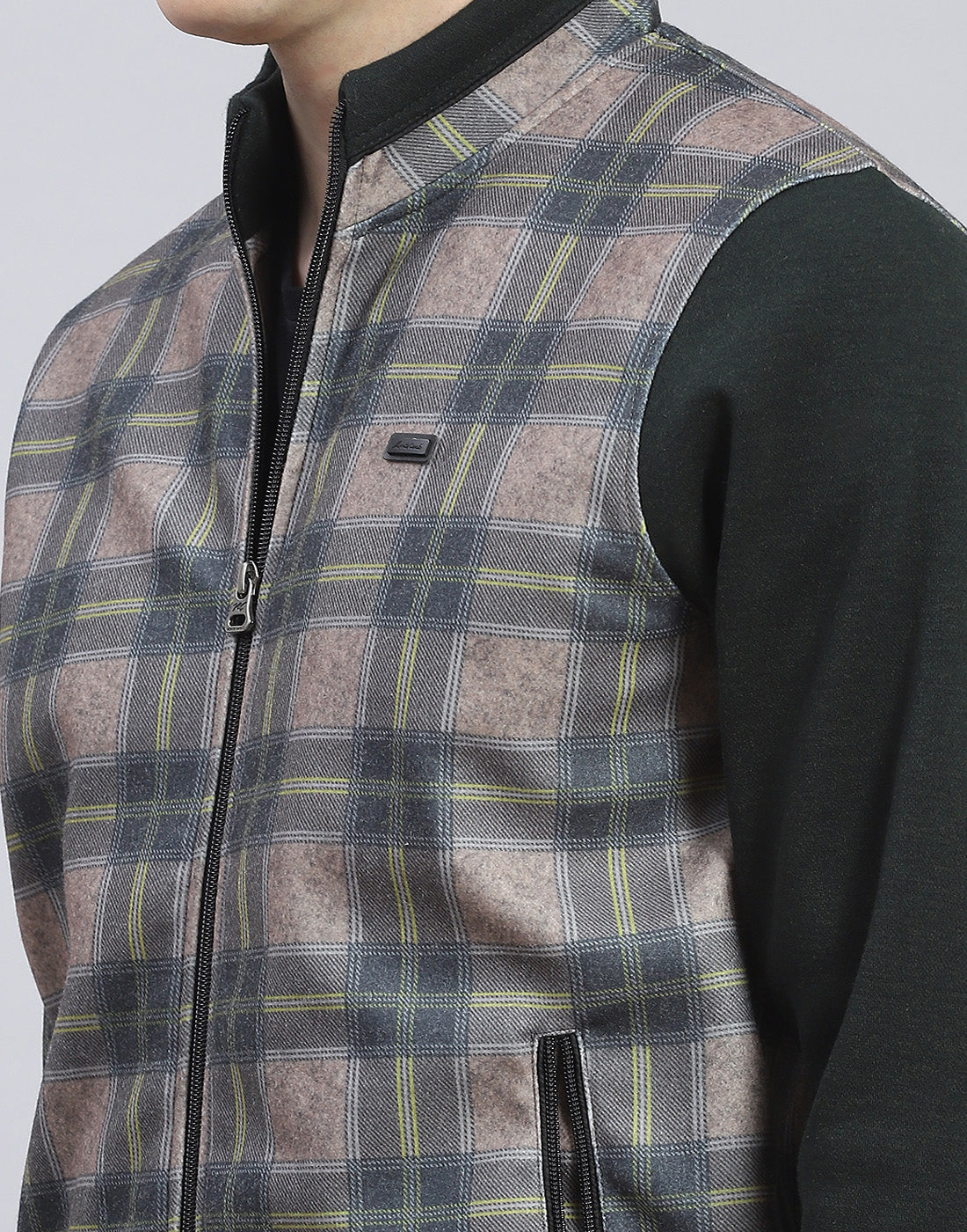 Men Olive Check Stand Collar Full Sleeve Sweatshirt