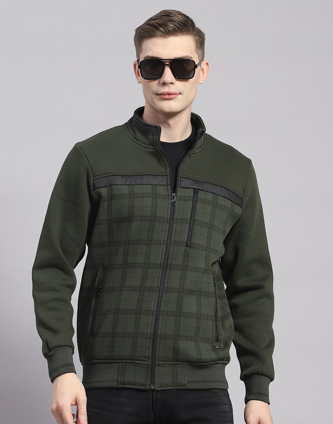 Men Olive Check Stand Collar Full Sleeve Sweatshirt