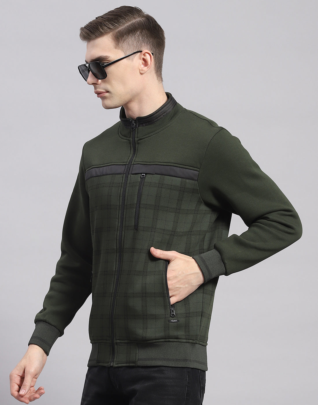 Men Olive Check Stand Collar Full Sleeve Sweatshirt