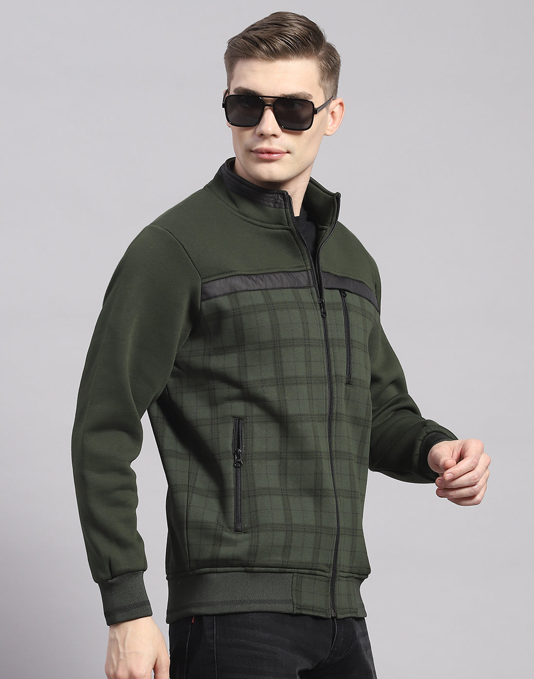 Men Olive Check Stand Collar Full Sleeve Sweatshirt