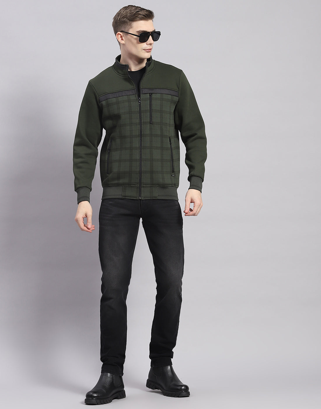 Men Olive Check Stand Collar Full Sleeve Sweatshirt