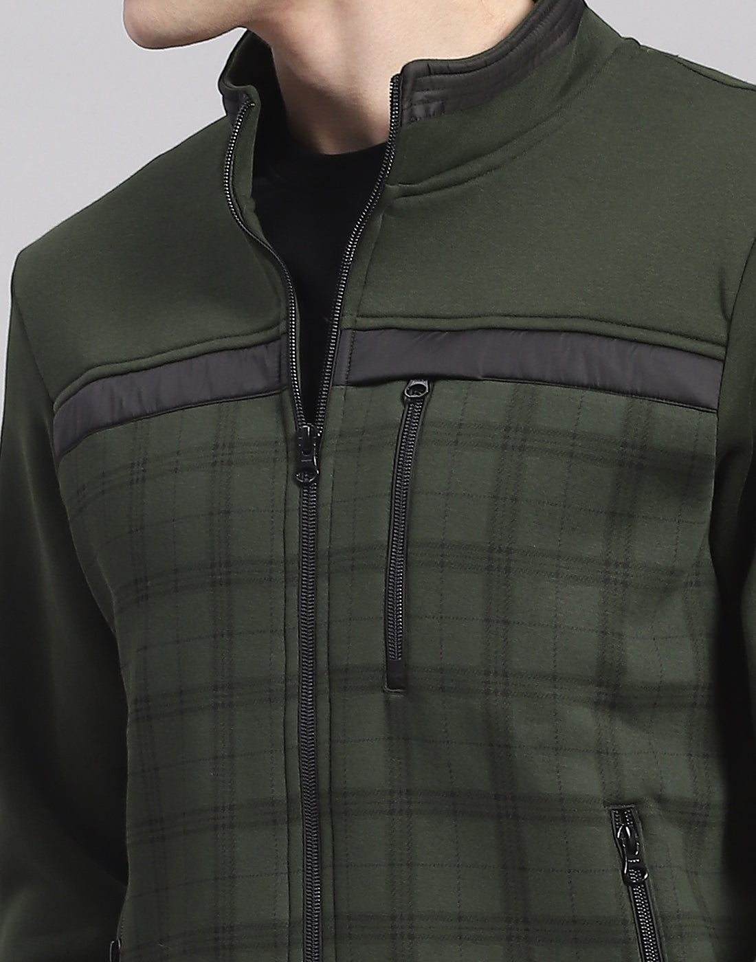 Men Olive Check Stand Collar Full Sleeve Sweatshirt