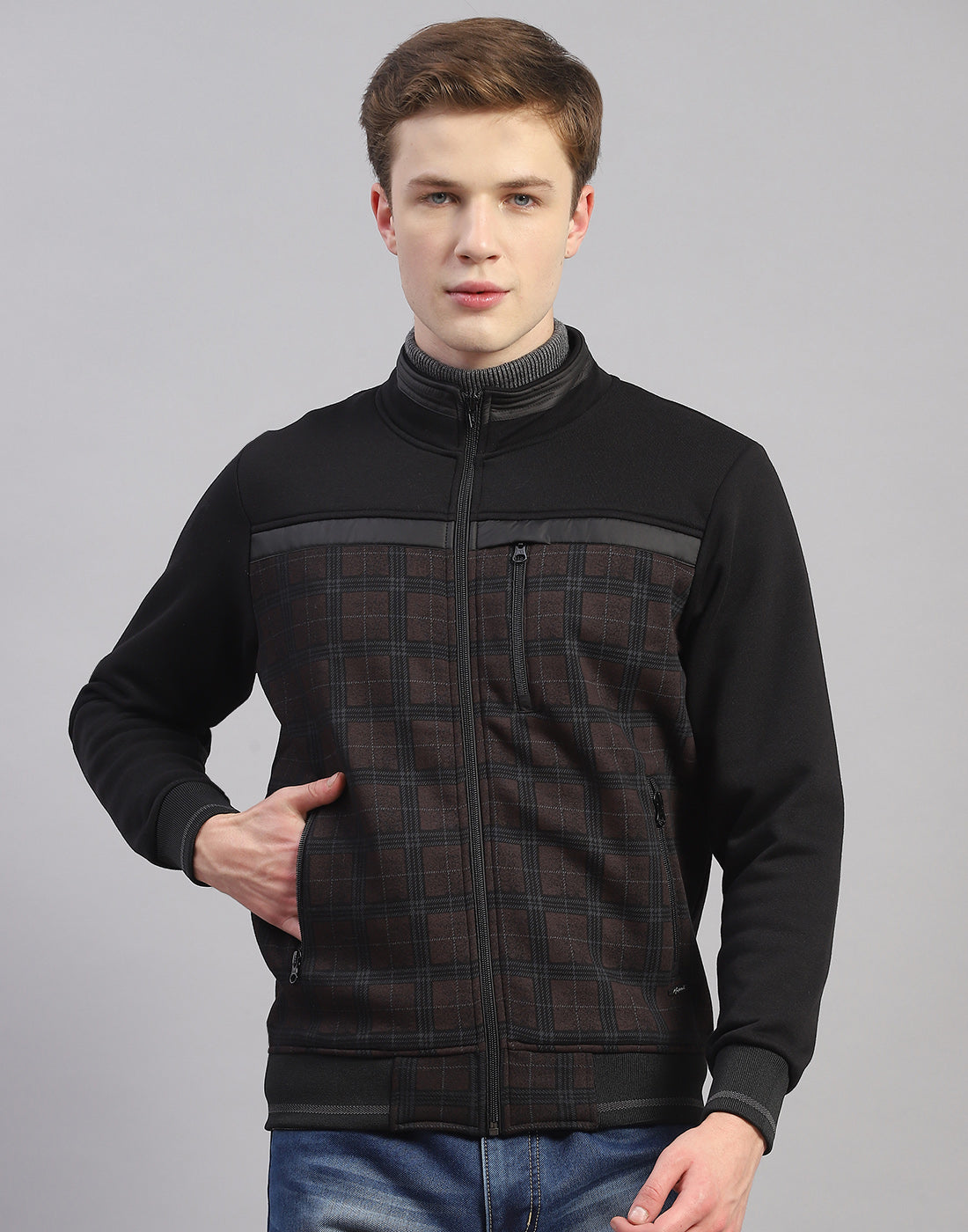 Men Black Check Stand Collar Full Sleeve Sweatshirt