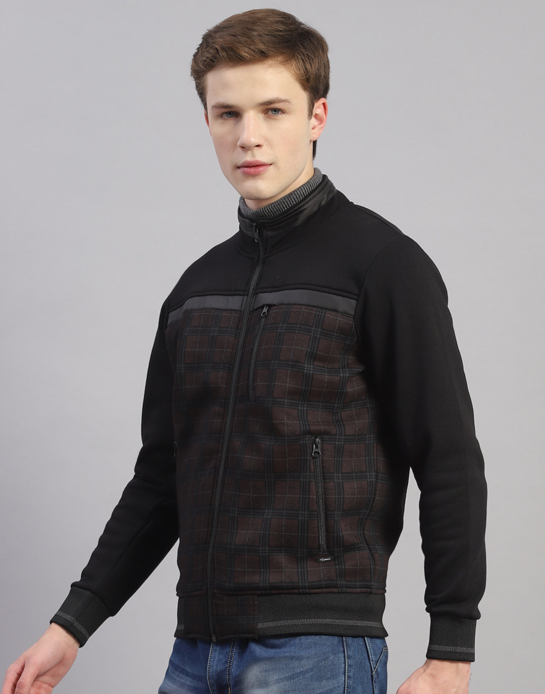 Men Black Check Stand Collar Full Sleeve Sweatshirt