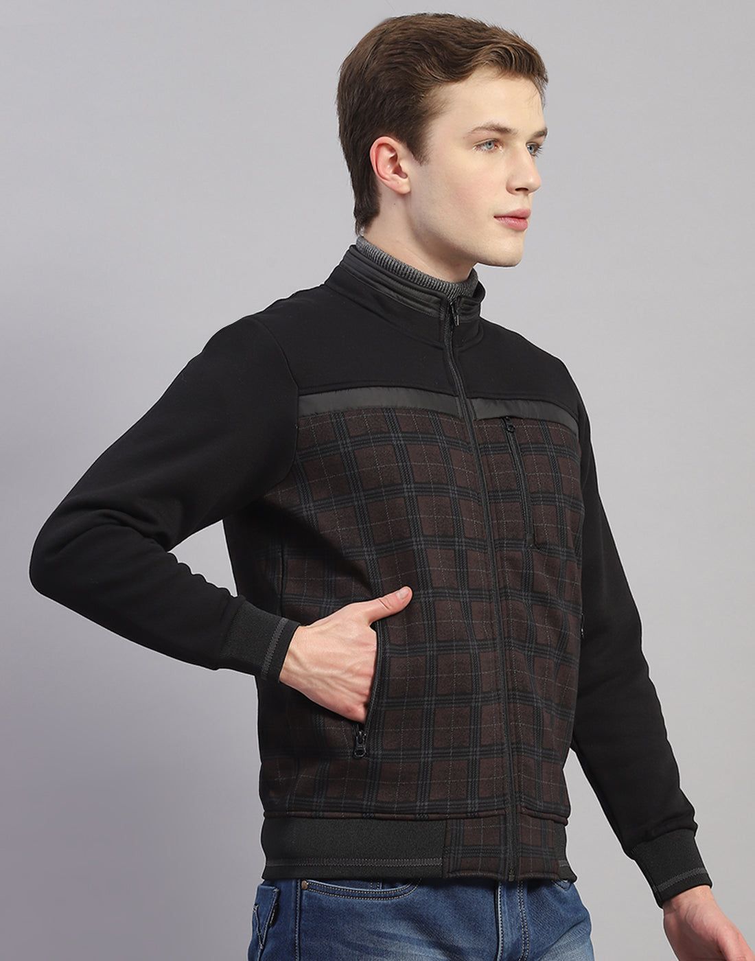 Men Black Check Stand Collar Full Sleeve Sweatshirt