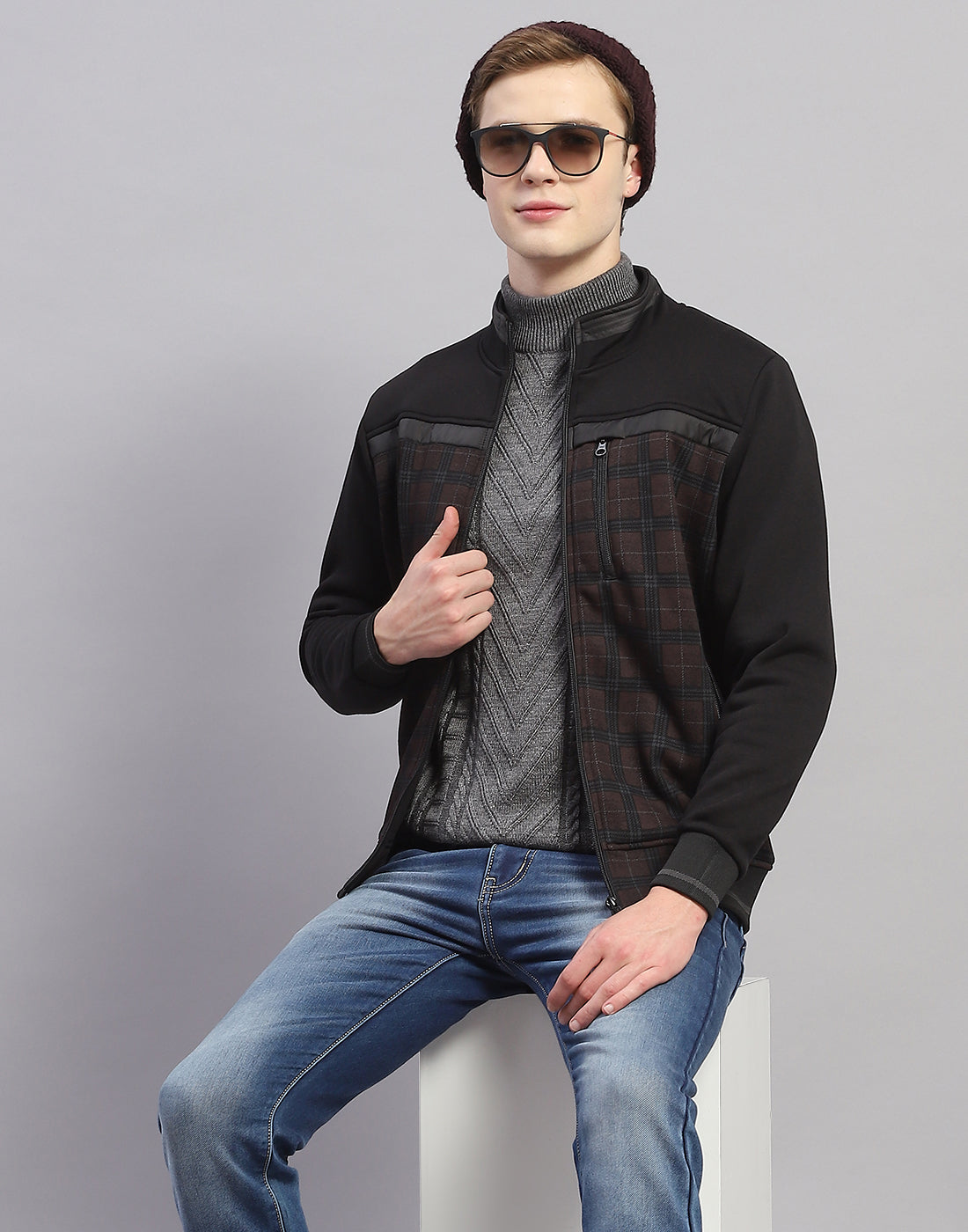 Men Black Check Stand Collar Full Sleeve Sweatshirt