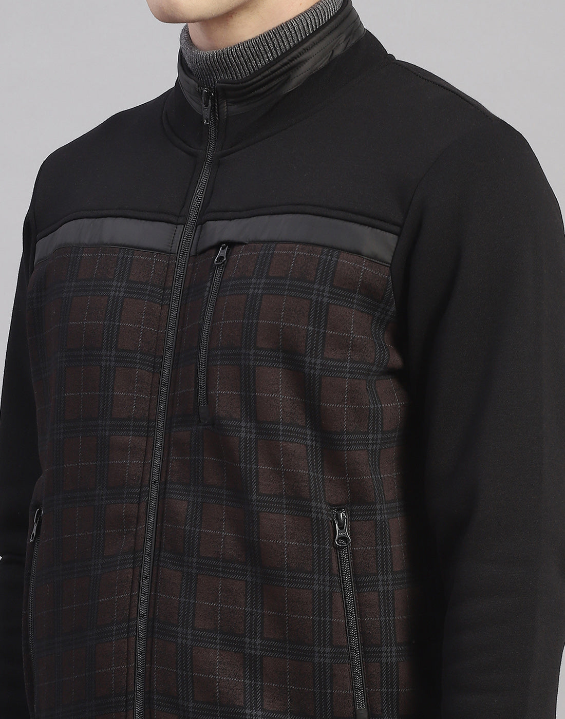 Men Black Check Stand Collar Full Sleeve Sweatshirt