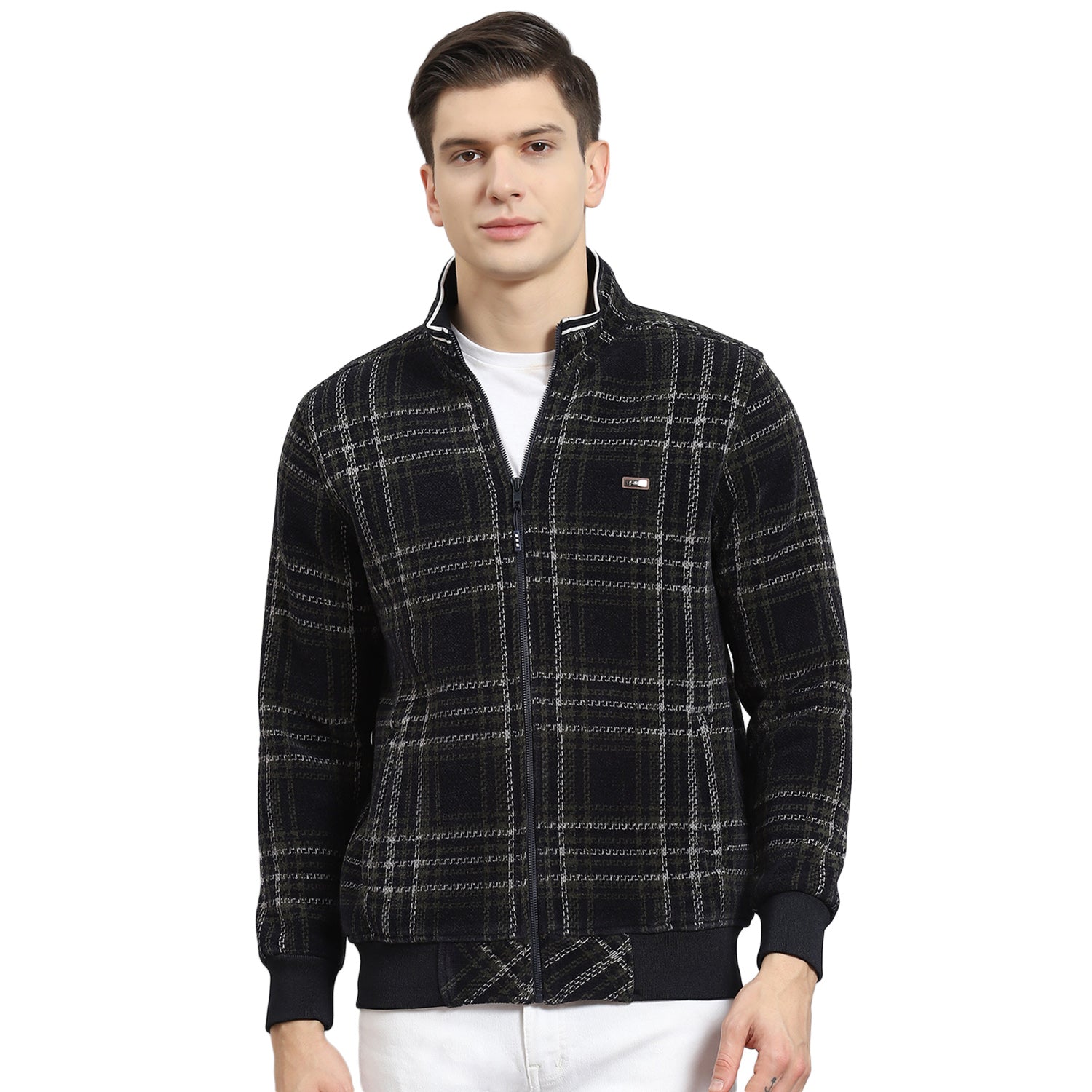 Men Black Check Stand Collar Full Sleeve Sweatshirt