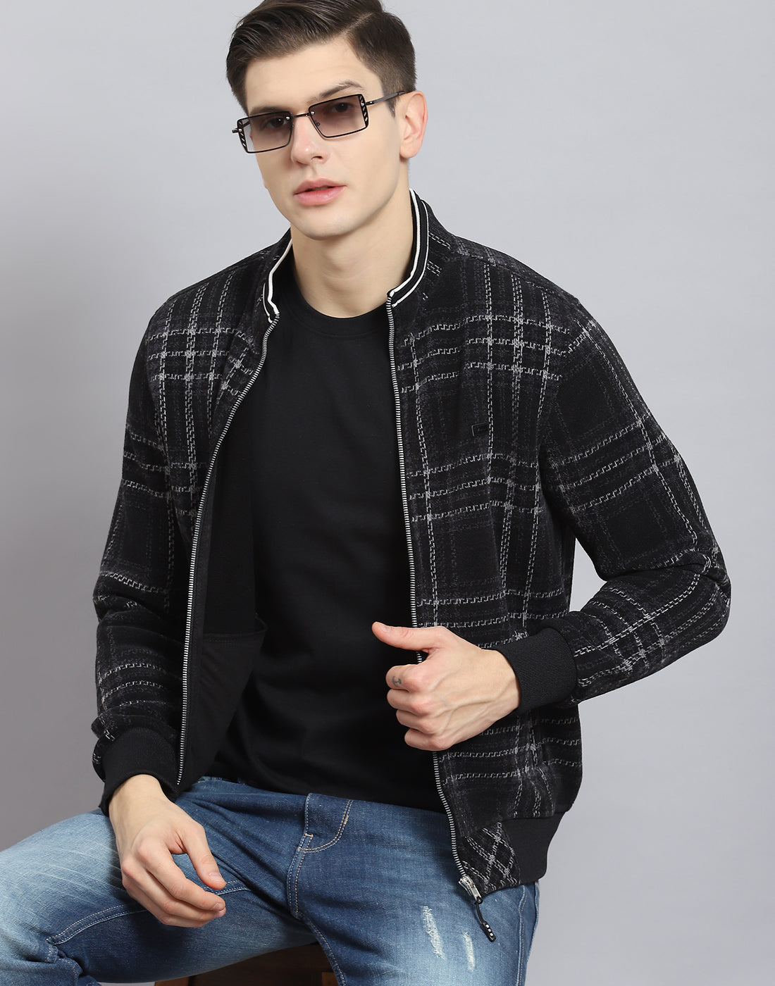 Men Black Check Stand Collar Full Sleeve Sweatshirt