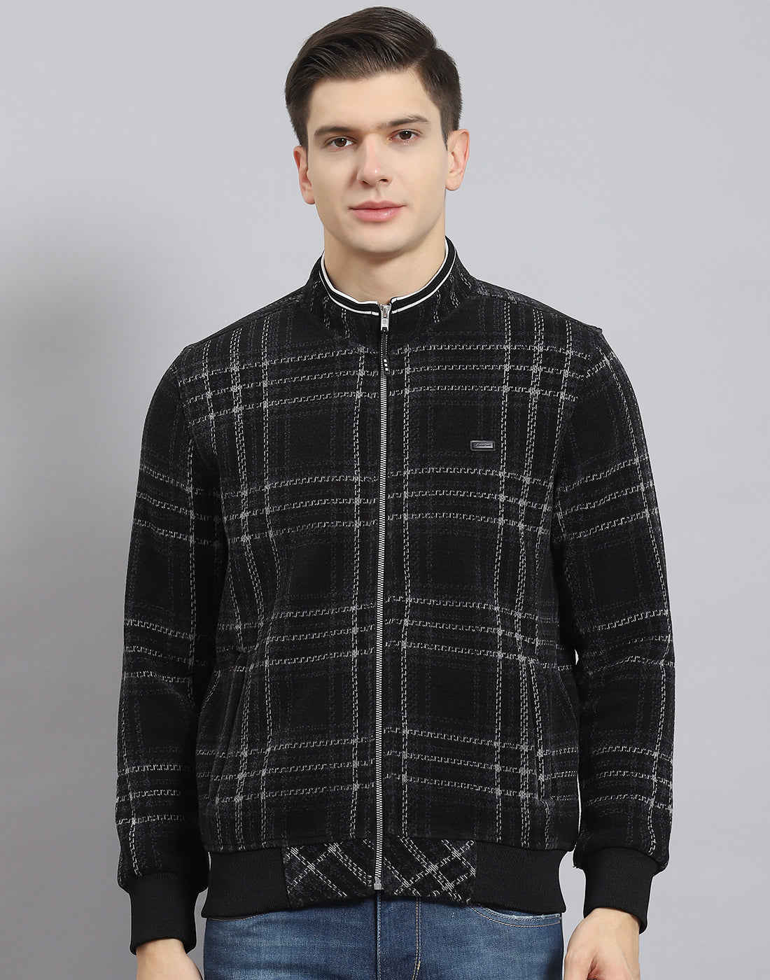 Men Black Check Stand Collar Full Sleeve Sweatshirt