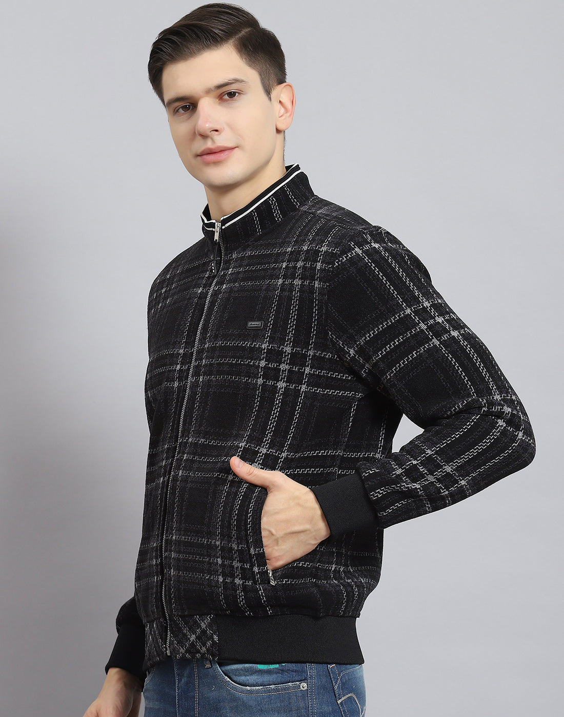 Men Black Check Stand Collar Full Sleeve Sweatshirt