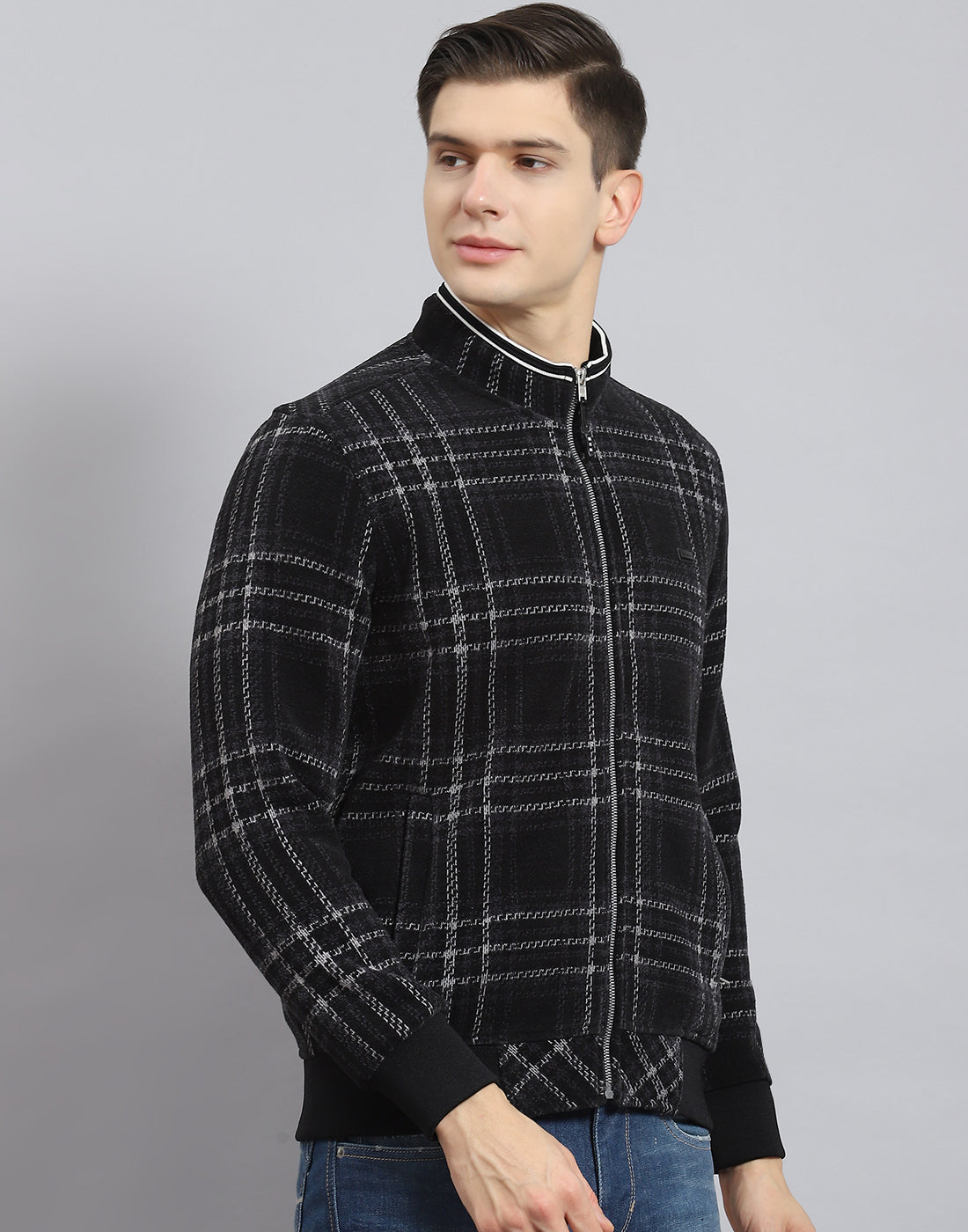 Men Black Check Stand Collar Full Sleeve Sweatshirt