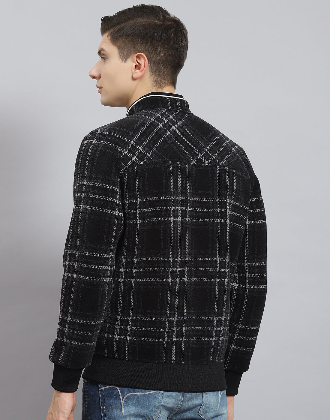 Men Black Check Stand Collar Full Sleeve Sweatshirt