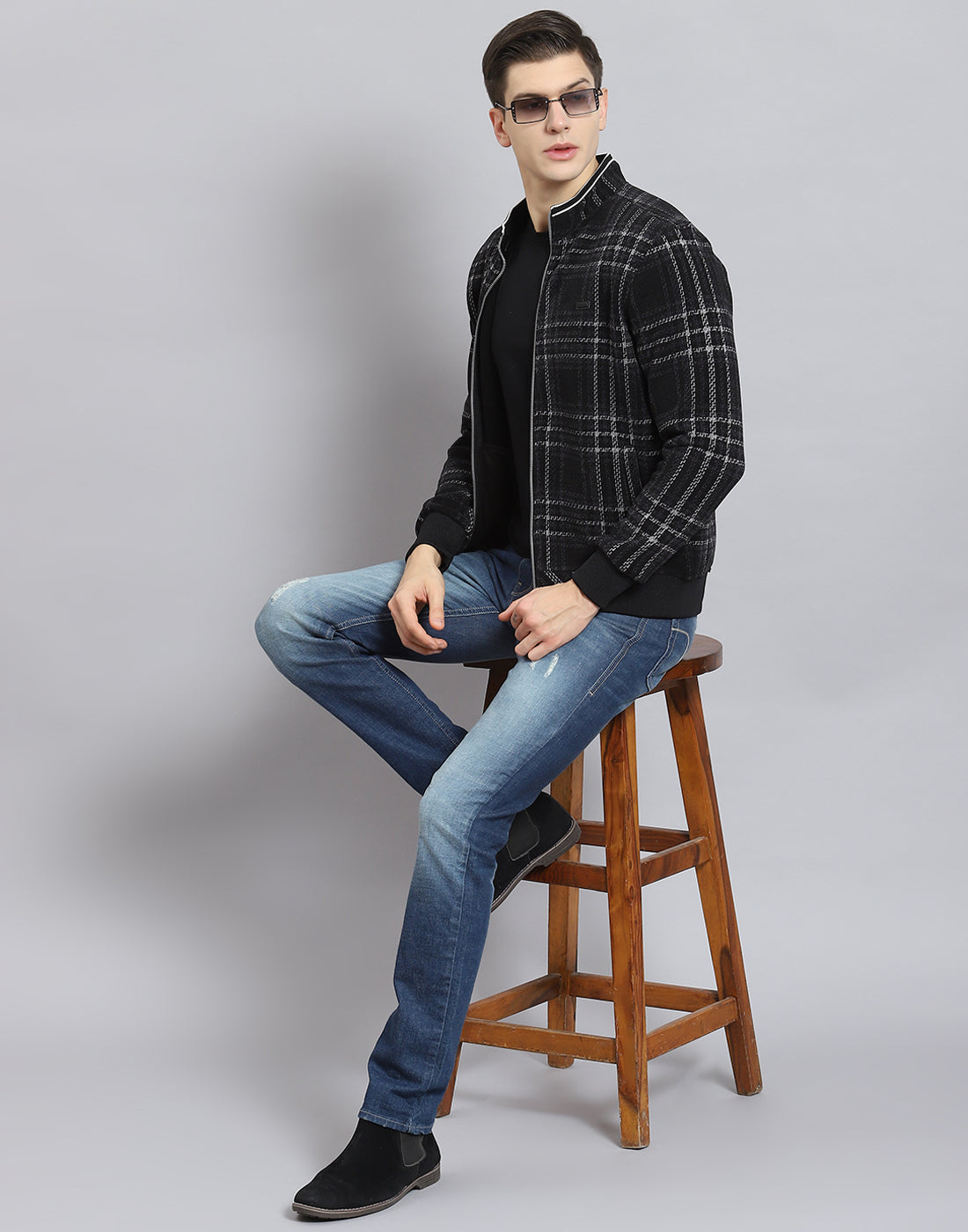 Men Black Check Stand Collar Full Sleeve Sweatshirt