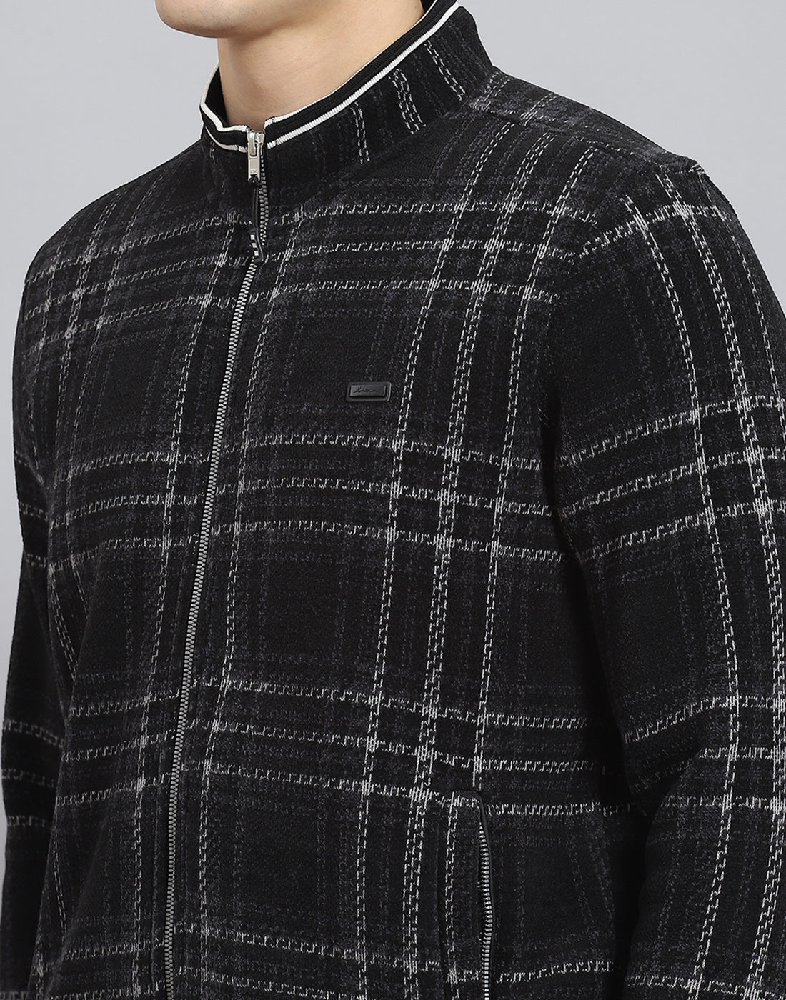 Men Black Check Stand Collar Full Sleeve Sweatshirt