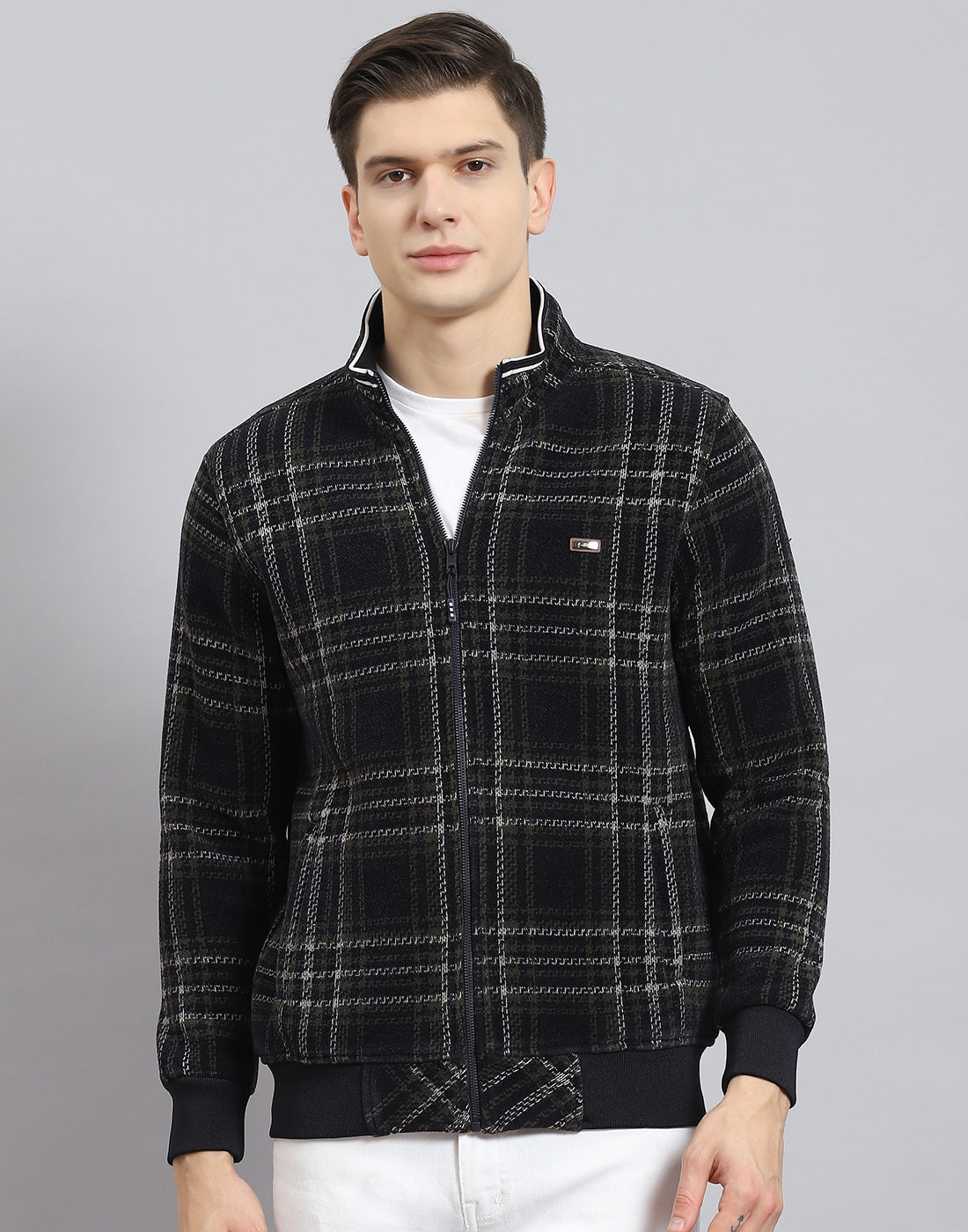 Men Navy Blue Check Stand Collar Full Sleeve Sweatshirt