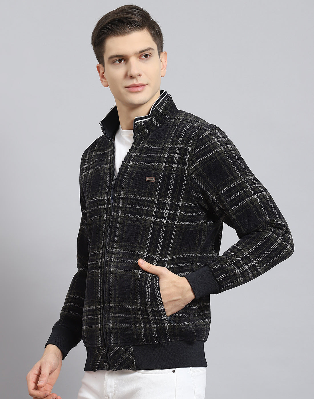 Men Navy Blue Check Stand Collar Full Sleeve Sweatshirt