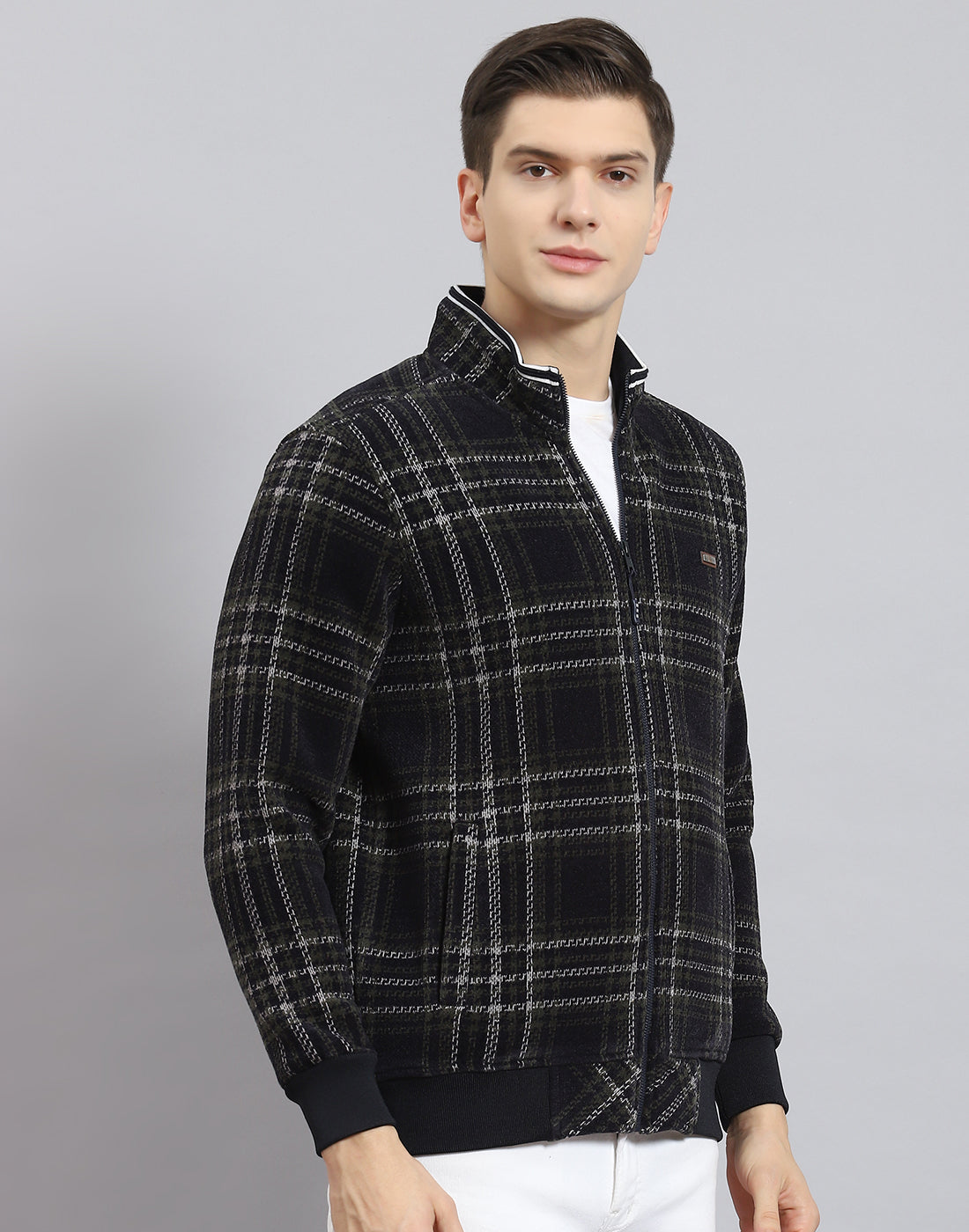 Men Navy Blue Check Stand Collar Full Sleeve Sweatshirt