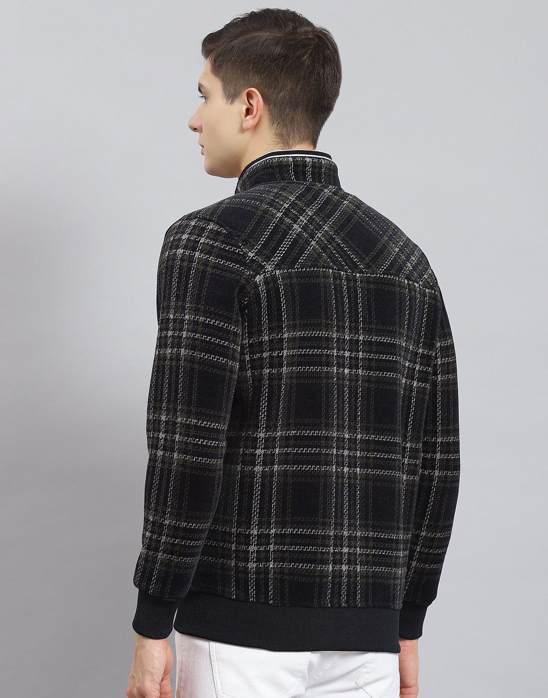 Men Navy Blue Check Stand Collar Full Sleeve Sweatshirt