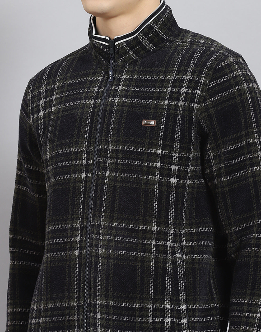 Men Navy Blue Check Stand Collar Full Sleeve Sweatshirt